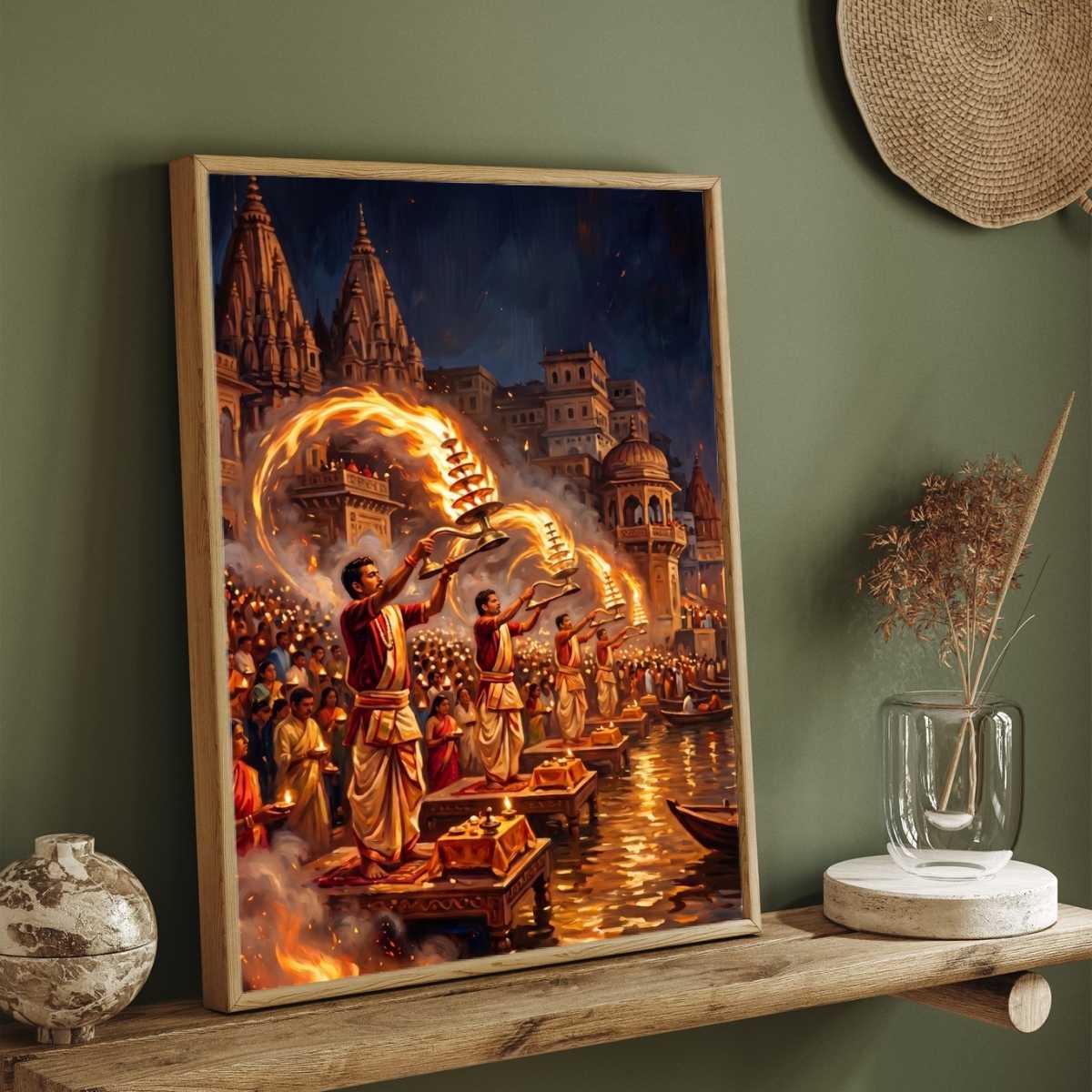 Vibrant Ganga Aarti Varanasi Wall Art | Edge-to-Edge Vertical Oil Painting Print 2 : 3 Vertical Premium Wall Art Canvas by MeriDeewar