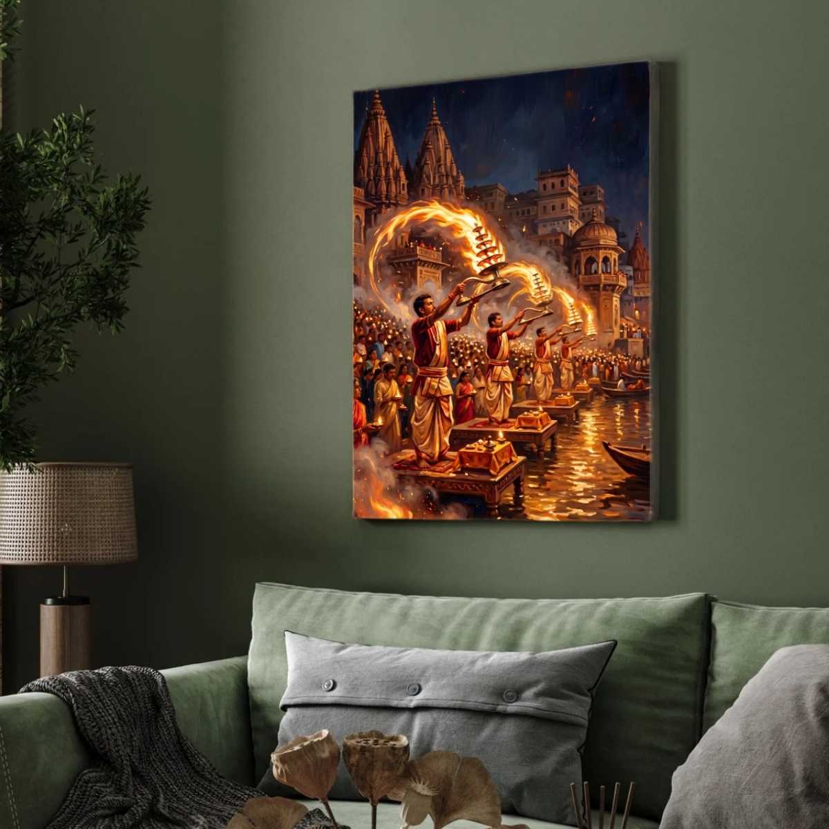 Vibrant Ganga Aarti Varanasi Wall Art | Edge-to-Edge Vertical Oil Painting Print 2 : 3 Vertical Premium Wall Art Canvas by MeriDeewar