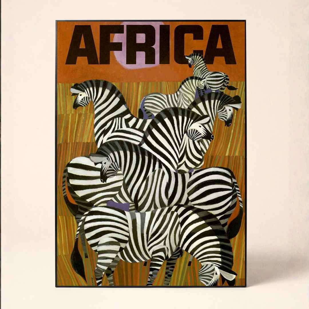 Vintage "Africa" Zebra Wildlife Poster | Vertical Borderless Art Frame Poster Premium Wall Art Canvas by MeriDeewar