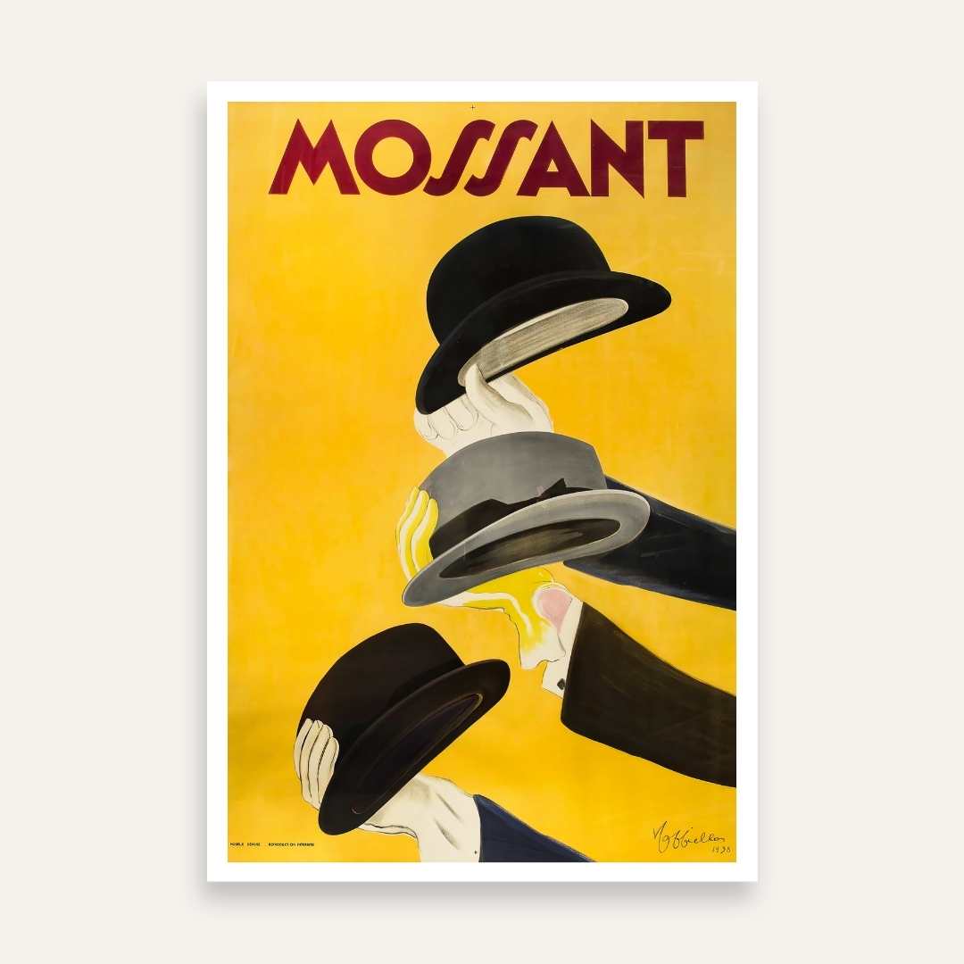 Vintage Art Deco French Mossant Hats Advertisement Illustration Poster | Vertical Retro White Framed Wall Art 2 : 3 Vertical Premium Wall Art Canvas by MeriDeewar
