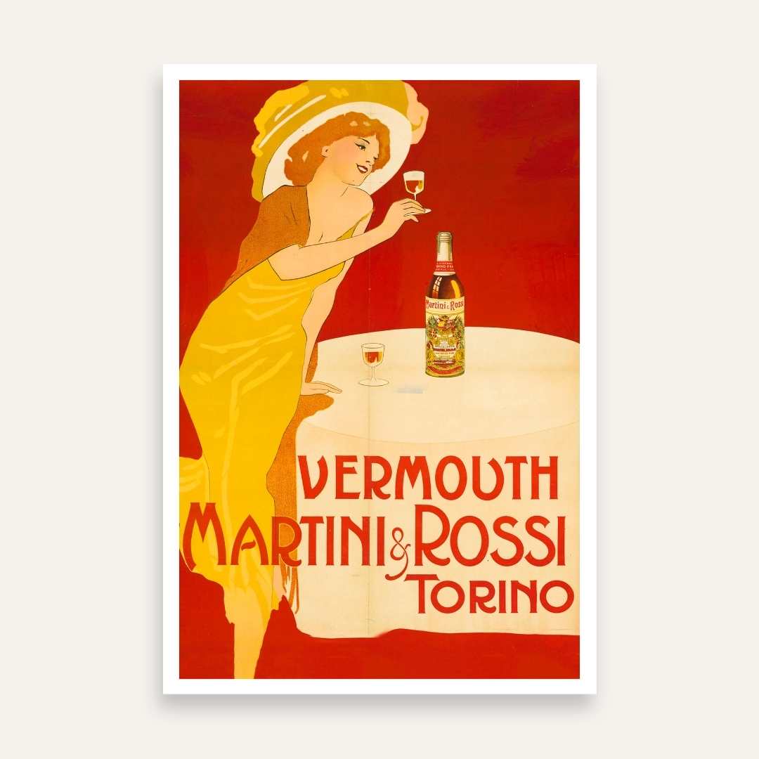 Vintage Art Deco Italian Red Martini & Rossi Vermouth Advertisement Illustration Poster | Vertical White Framed Wall Art 2 : 3 Vertical Premium Wall Art Canvas by MeriDeewar