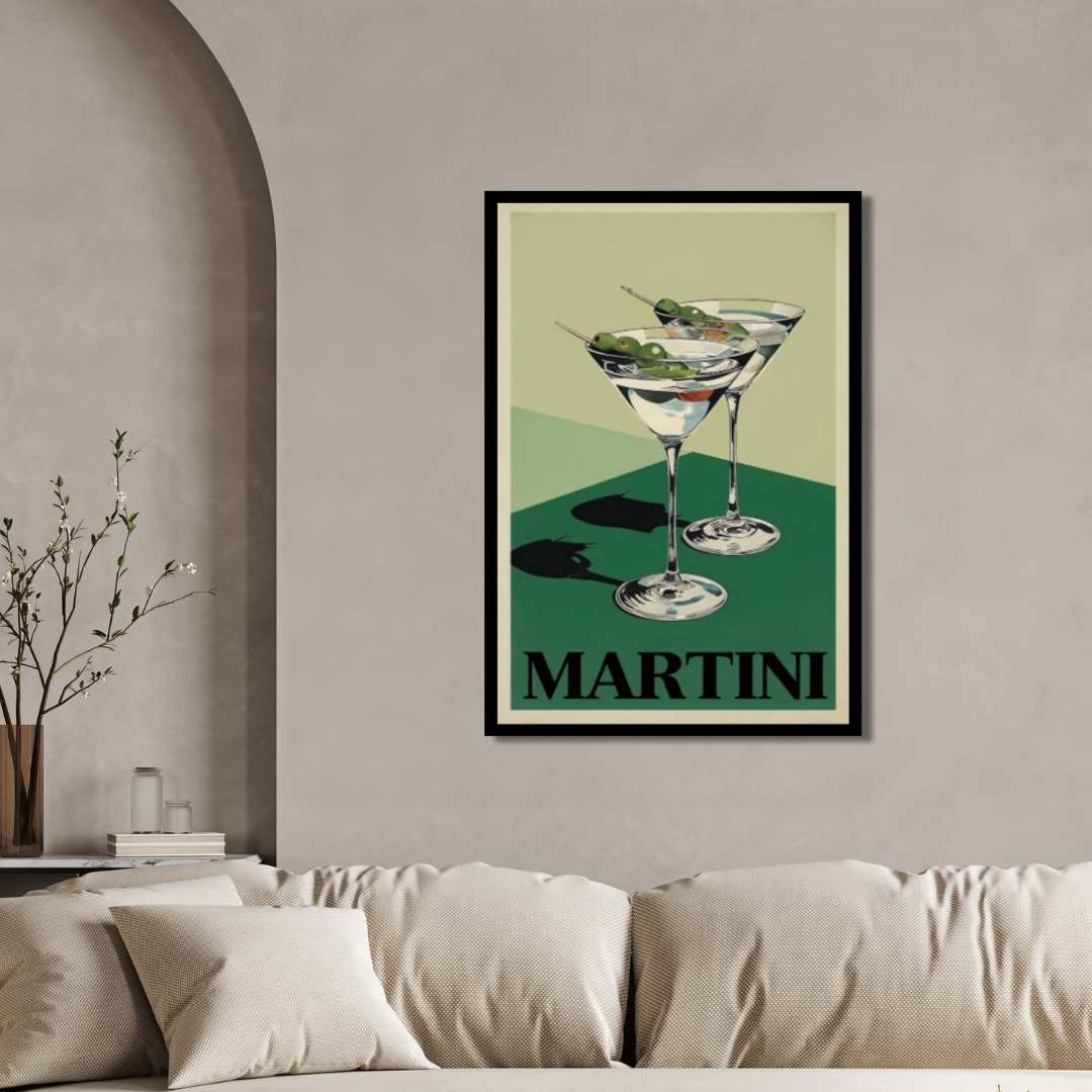 Vintage Classic Martini Cocktail Advertisement Illustration Poster | Vertical Retro White Framed Wall Ar 2 : 3 Vertical Premium Wall Art Canvas by MeriDeewar