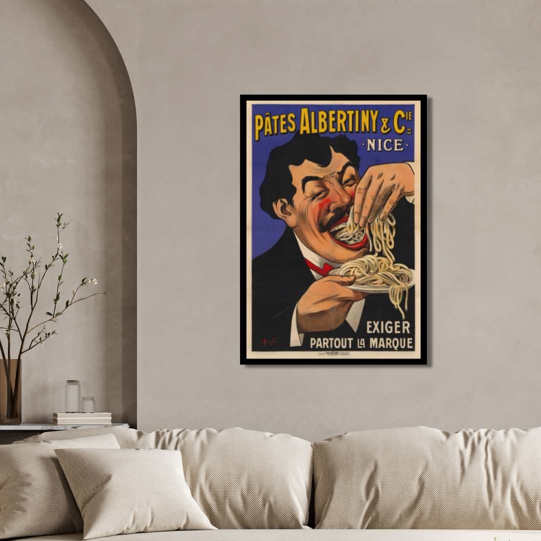 Vintage French Pâtes Albertiny Pasta Poster | Vertical Retro White Framed Wall Art 2 : 3 Vertical Premium Wall Art Canvas by MeriDeewar