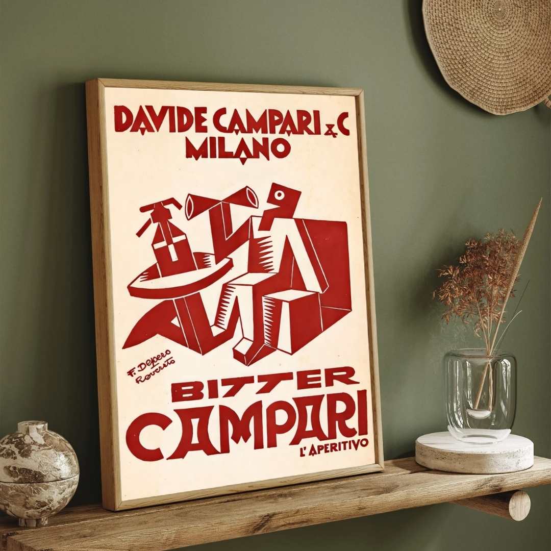 Vintage Futurist Italian Depero Bitter Campari Advertisement Illustration Poster | Vertical Retro White Framed Wall Art 2 : 3 Vertical Premium Wall Art Canvas by MeriDeewar