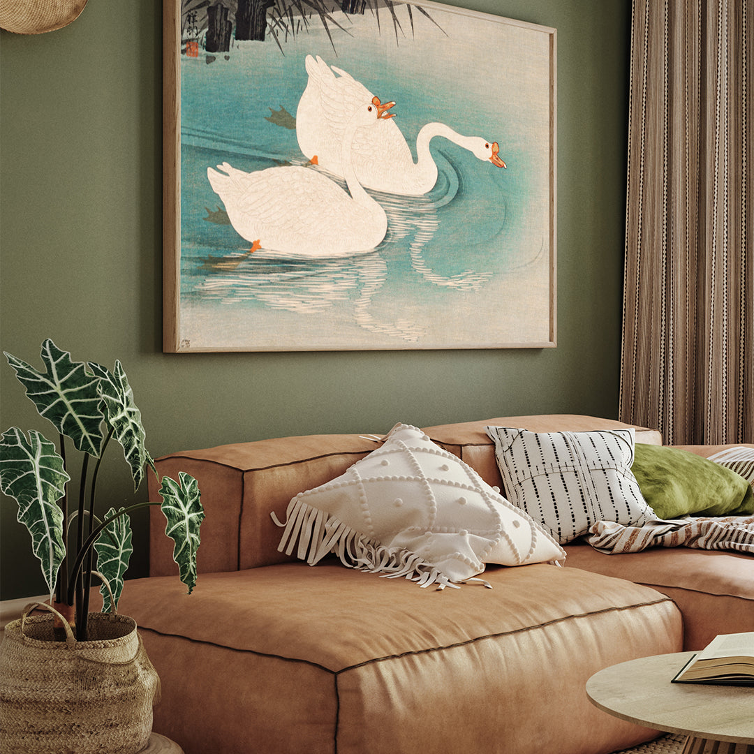 Vintage Geese Amid Reeds White Painting 3 : 4 Horizontal New Premium Wall Art Canvas by MeriDeewar