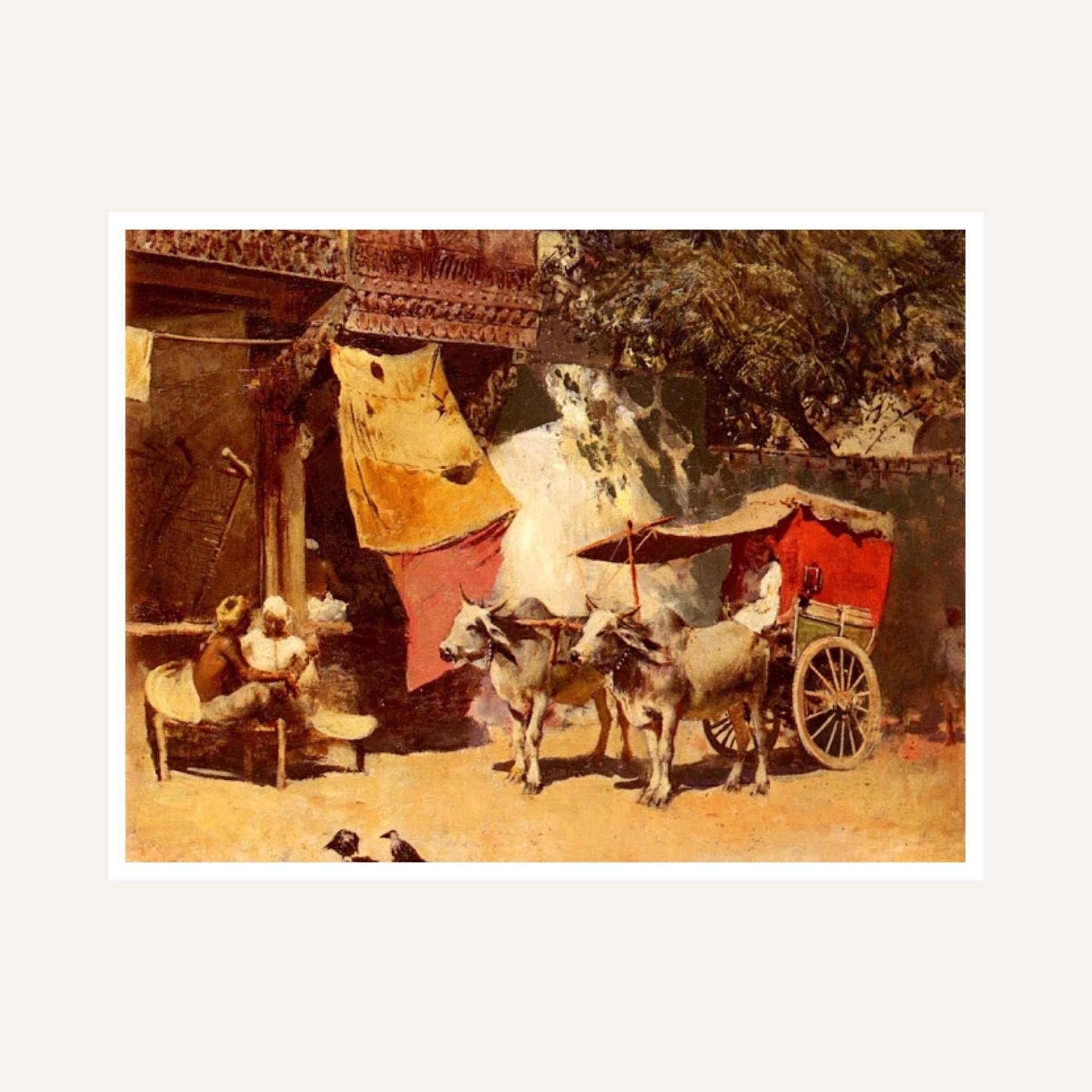 Vintage Indian Street Painting for Living Room | Bullock Cart Heritage Wall Art by Edwin Lord Weeks 6 : 5 Horizontal Premium Wall Art Canvas by MeriDeewar