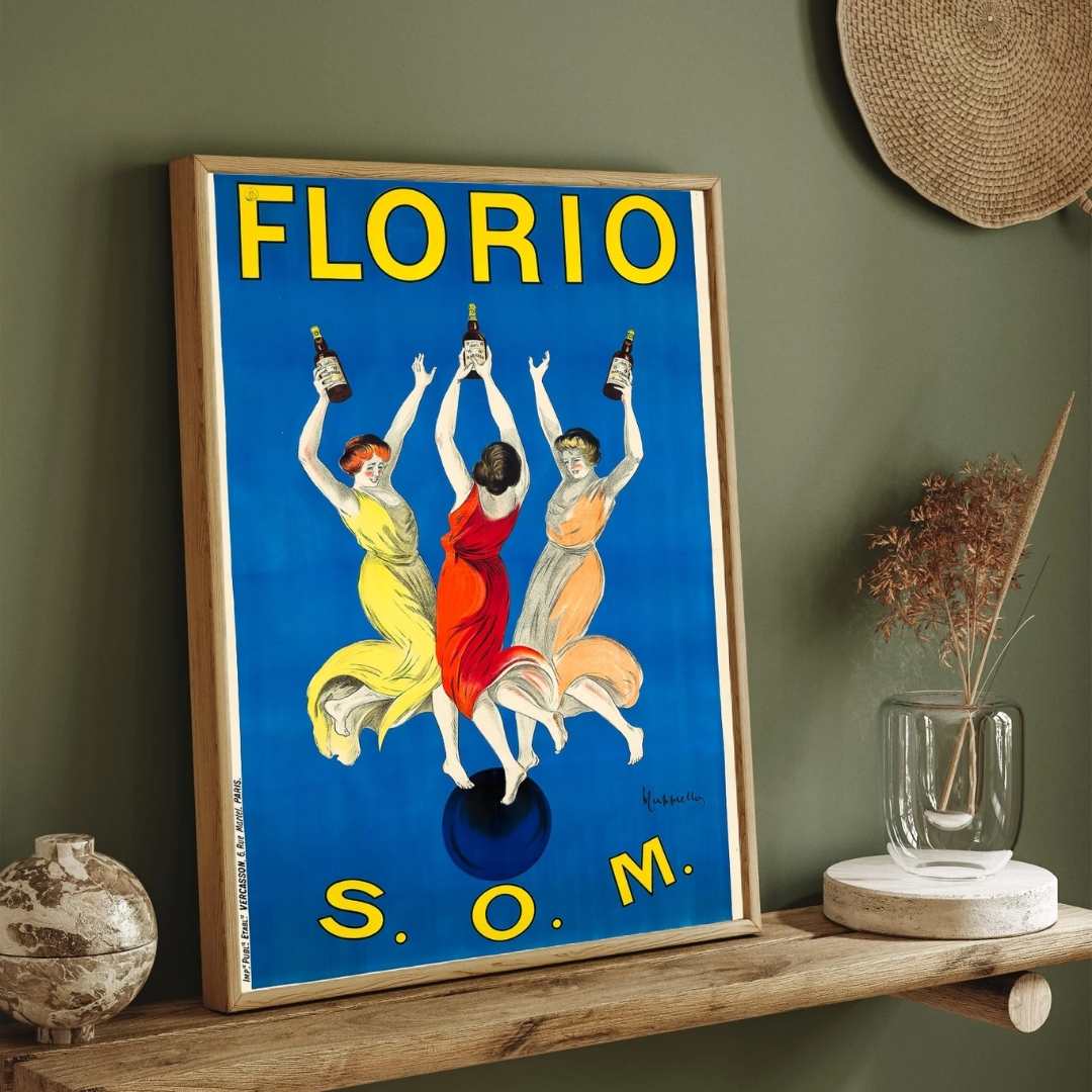 Vintage Italian Florio Wine Advertisement Illustration Poster | Vertical Retro White Framed Wall Art 2 : 3 Vertical Premium Wall Art Canvas by MeriDeewar