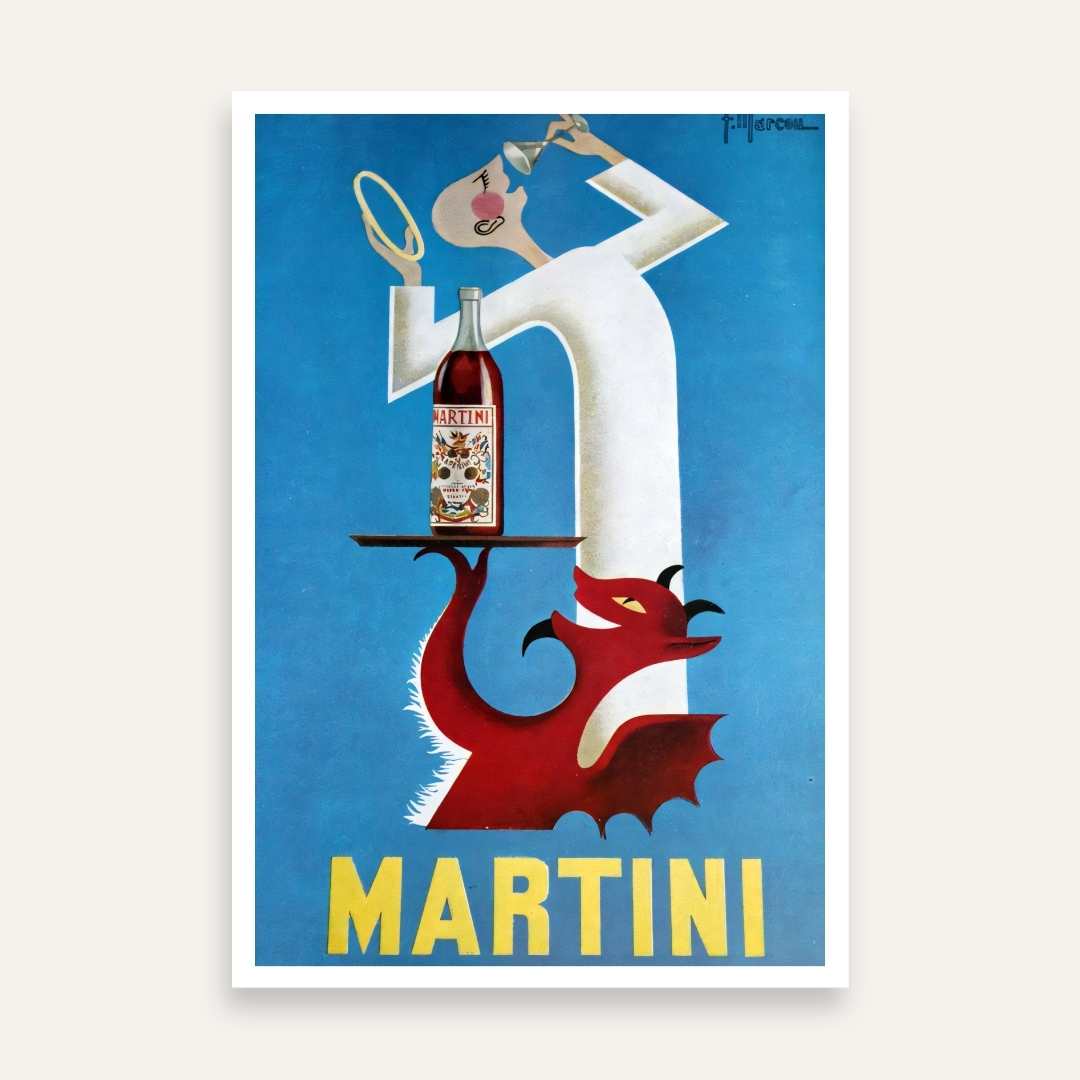 Vintage Italian Martini Red Devil Illustration Poster | Vertical Retro White Framed Wall Art 2 : 3 Vertical Premium Wall Art Canvas by MeriDeewar