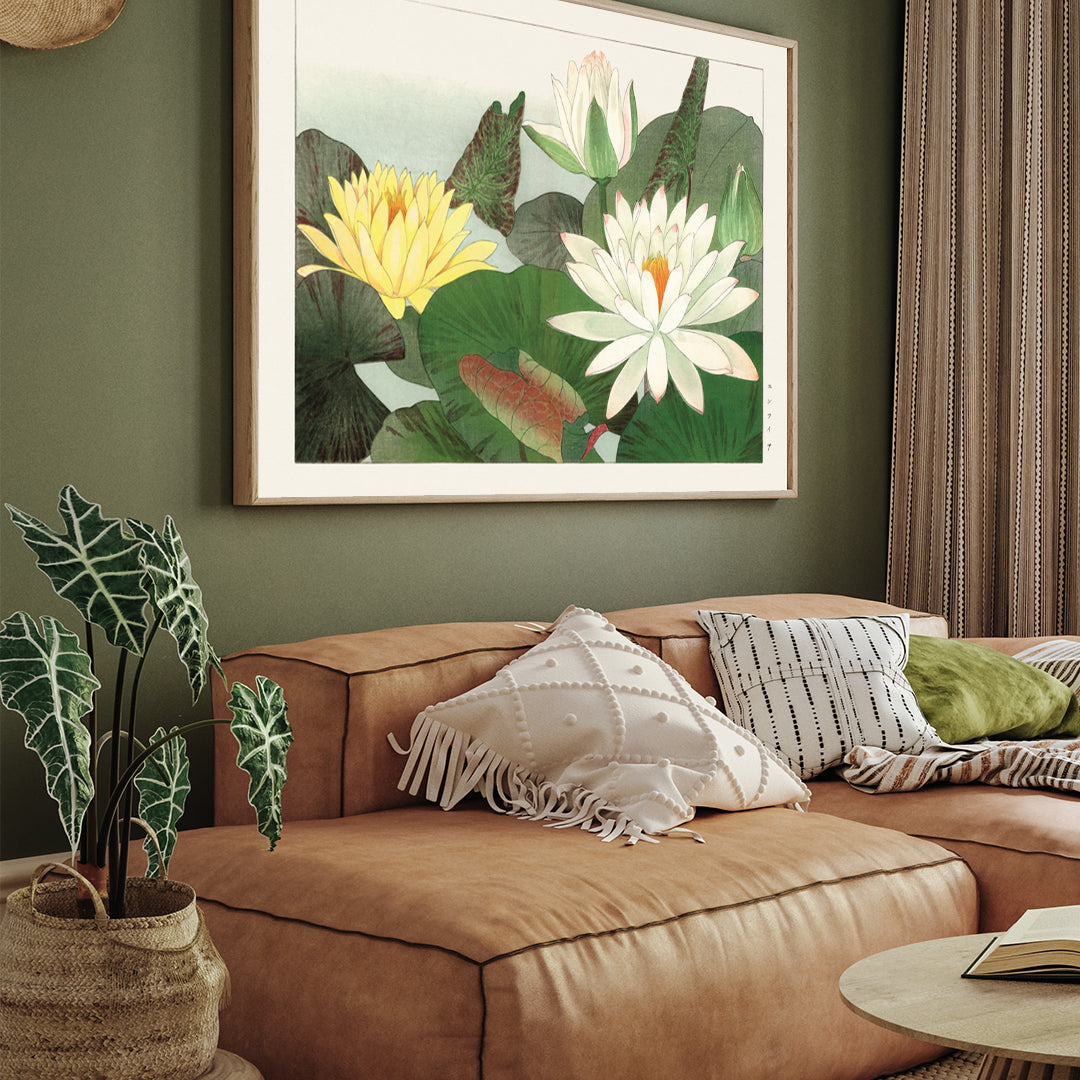 Vintage Japanese Lotus Flower Yellow Painting 3 : 4 Horizontal New Premium Wall Art Canvas by MeriDeewar
