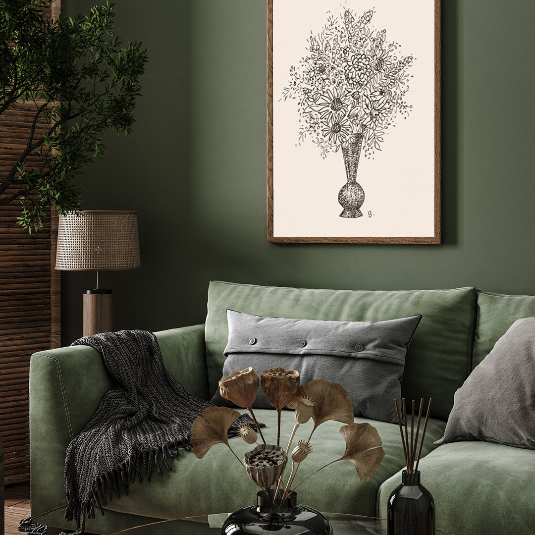 Vintage Line Flower Bouquet Sketch 3 : 4 Vertical New Premium Wall Art Canvas by MeriDeewar