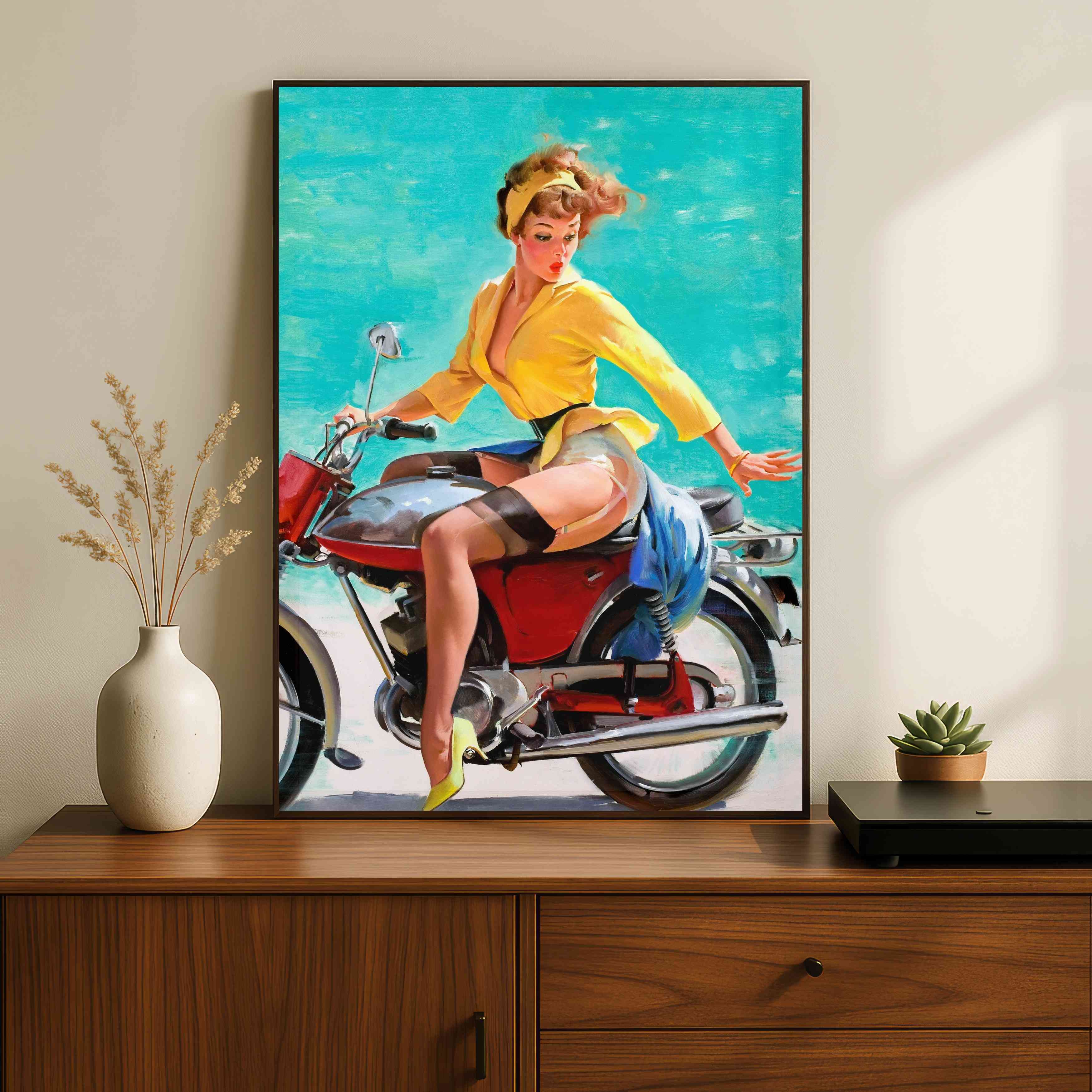 Vintage Pin-Up Girl on Motorcycle Poster | Vertical Borderless Art Frame Poster Premium Wall Art Canvas by MeriDeewar