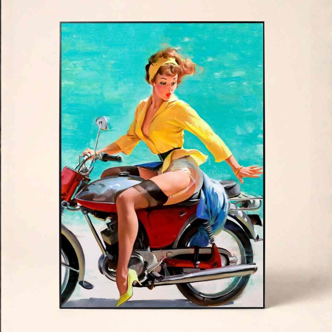 Vintage Pin-Up Girl on Motorcycle Poster | Vertical Borderless Art Frame Poster Premium Wall Art Canvas by MeriDeewar