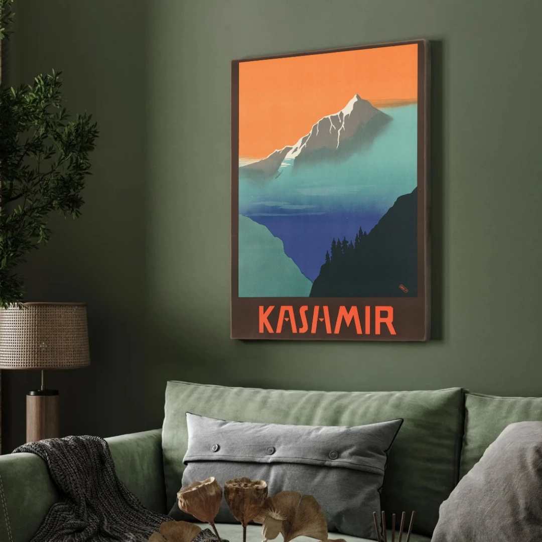 Vintage "See India" Kashmir Travel Poster | Vertical Retro Misty Himalayan Mountains White Framed Wall Art 2 : 3 Vertical Premium Wall Art Canvas by MeriDeewar