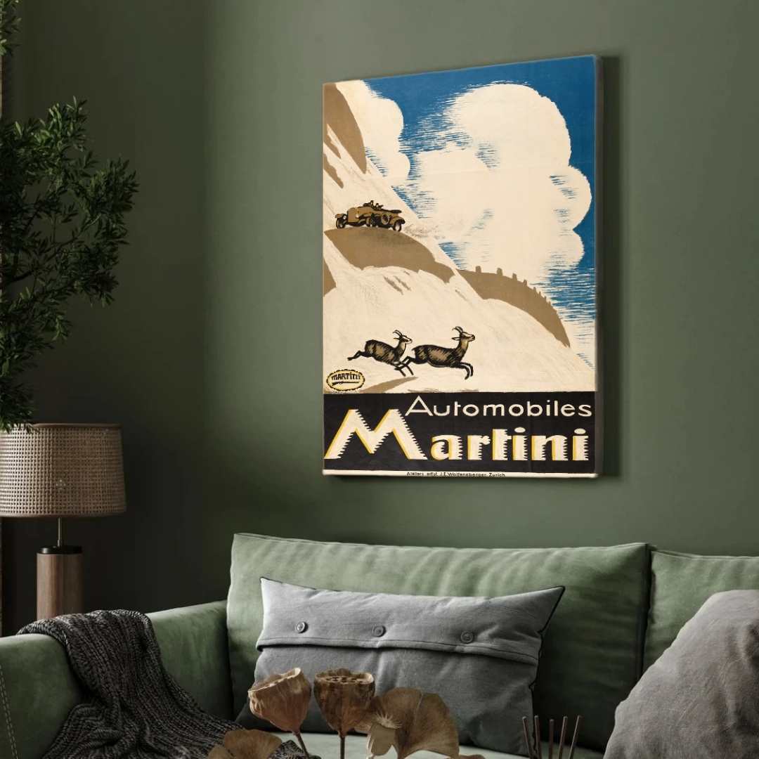 Vintage Swiss Automobiles Martini Alpine Mountain Illustration Poster | Vertical Retro White Framed Wall Art 2 : 3 Vertical Premium Wall Art Canvas by MeriDeewar