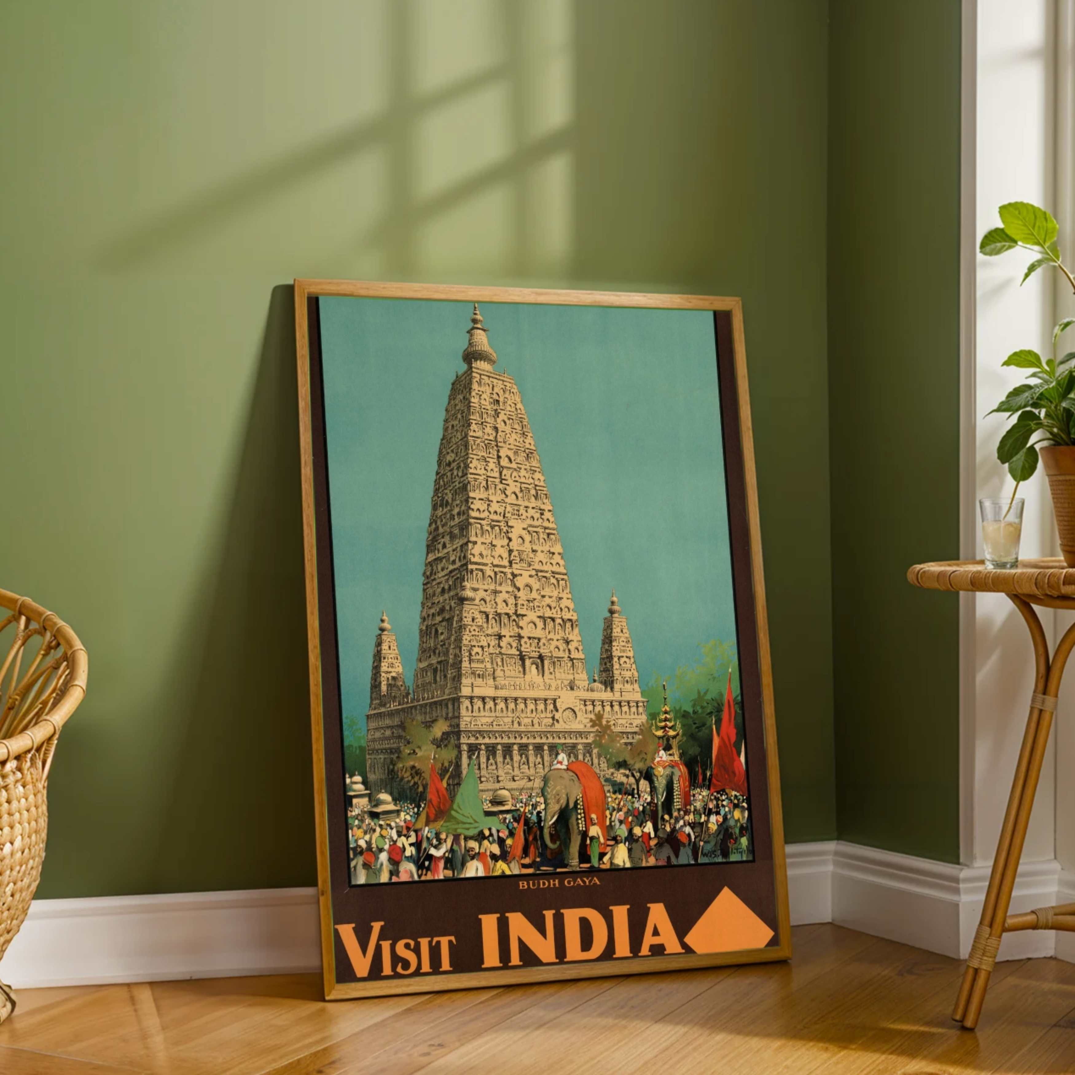 Vintage "Visit India" Budh Gaya Travel Poster | Vertical Retro Mahabodhi Temple & Elephant Procession White Framed Wall Art 2 : 3 Vertical Premium Wall Art Canvas by MeriDeewar