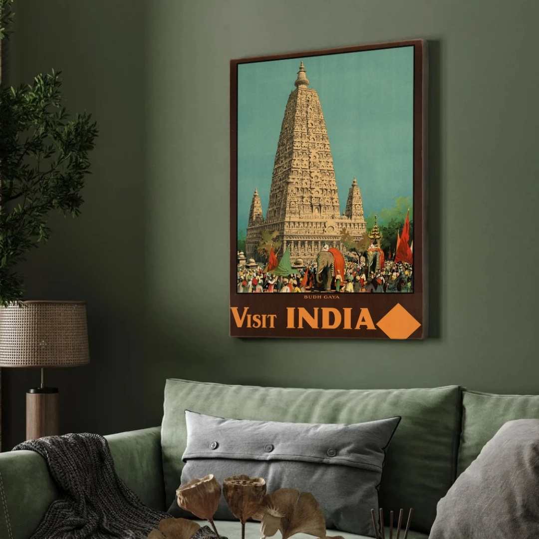 Vintage "Visit India" Budh Gaya Travel Poster | Vertical Retro Mahabodhi Temple & Elephant Procession White Framed Wall Art 2 : 3 Vertical Premium Wall Art Canvas by MeriDeewar