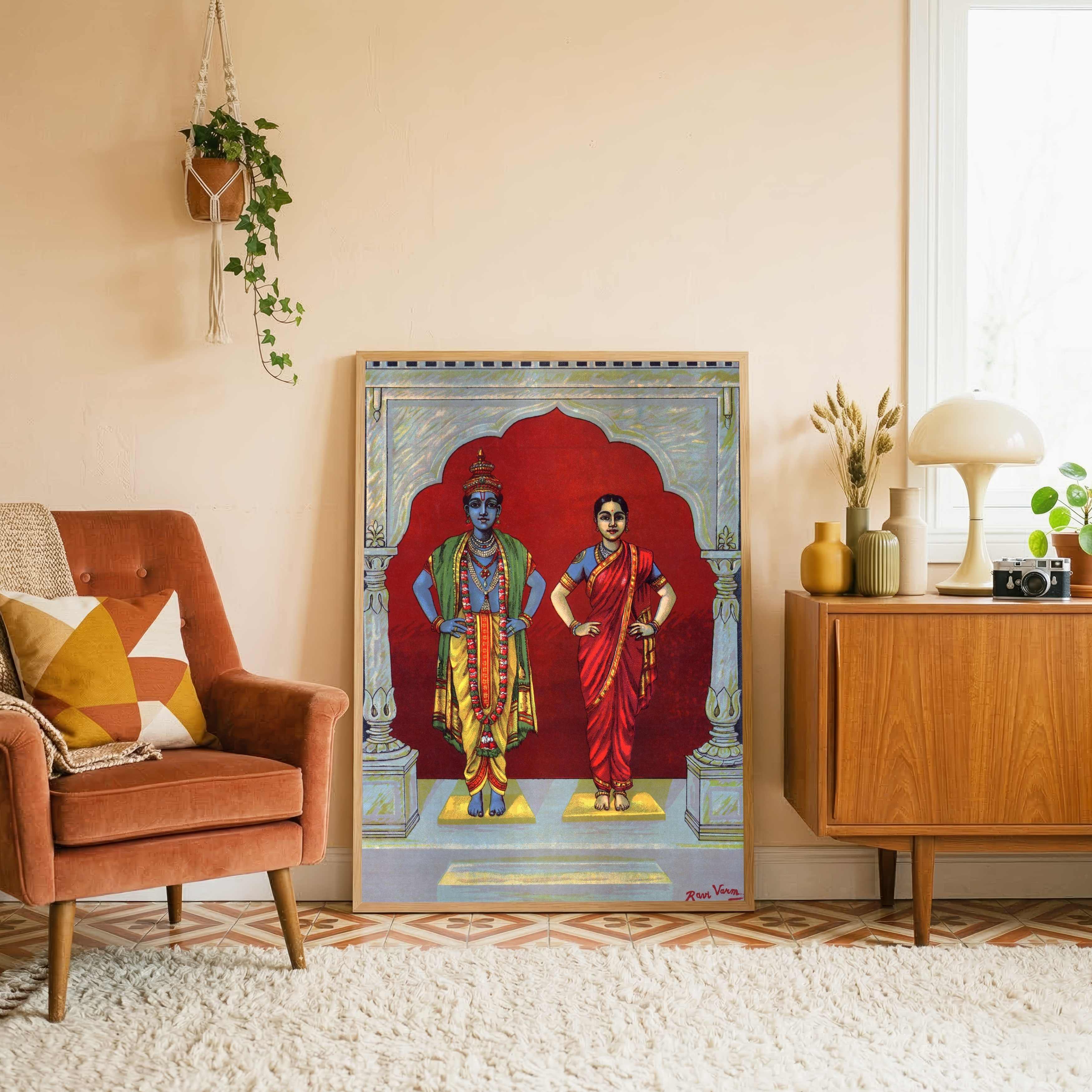Vitthal Rukmini Painting for Pooja Room | Raja Ravi Varma Spiritual Wall Art for Home 2 : 3 Vertical Premium Wall Art Canvas by MeriDeewar
