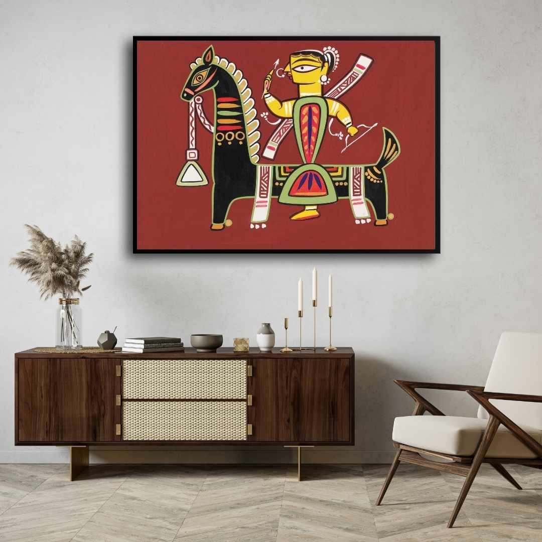 "Warrior on Horseback" Jamini Roy Painting | Fine Art Wall Art 3 : 2 Horizontal Premium Wall Art Canvas by MeriDeewar