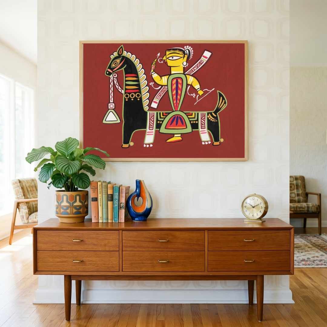 "Warrior on Horseback" Jamini Roy Painting | Fine Art Wall Art 3 : 2 Horizontal Premium Wall Art Canvas by MeriDeewar