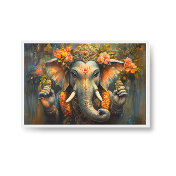 Watercolor painting of Ganesha with a crown and flowers Premium Wall Art Canvas by MeriDeewar