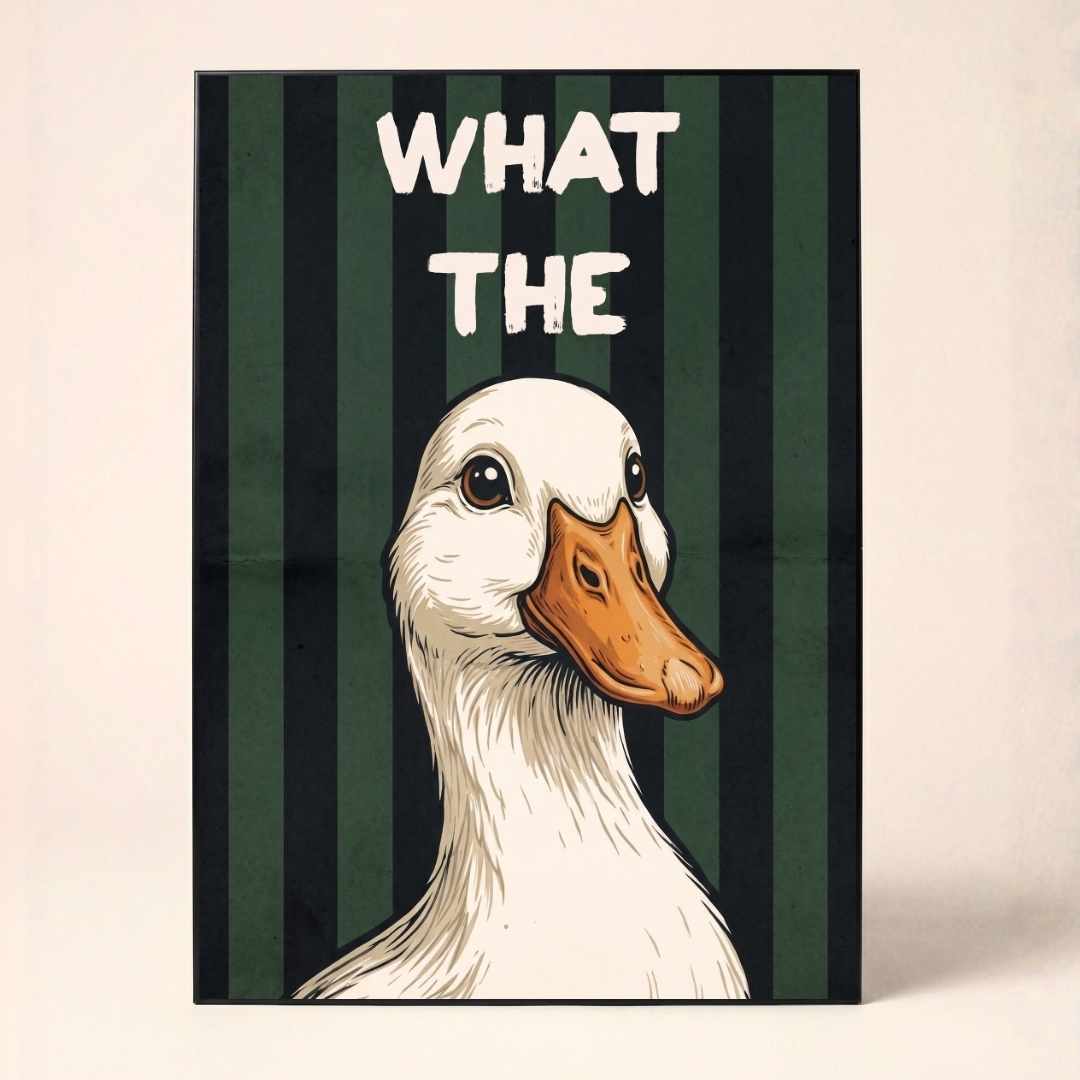 "What The Duck" Funny Animal Illustration Poster | Vertical Borderless Art Frame Poster Premium Wall Art Canvas by MeriDeewar