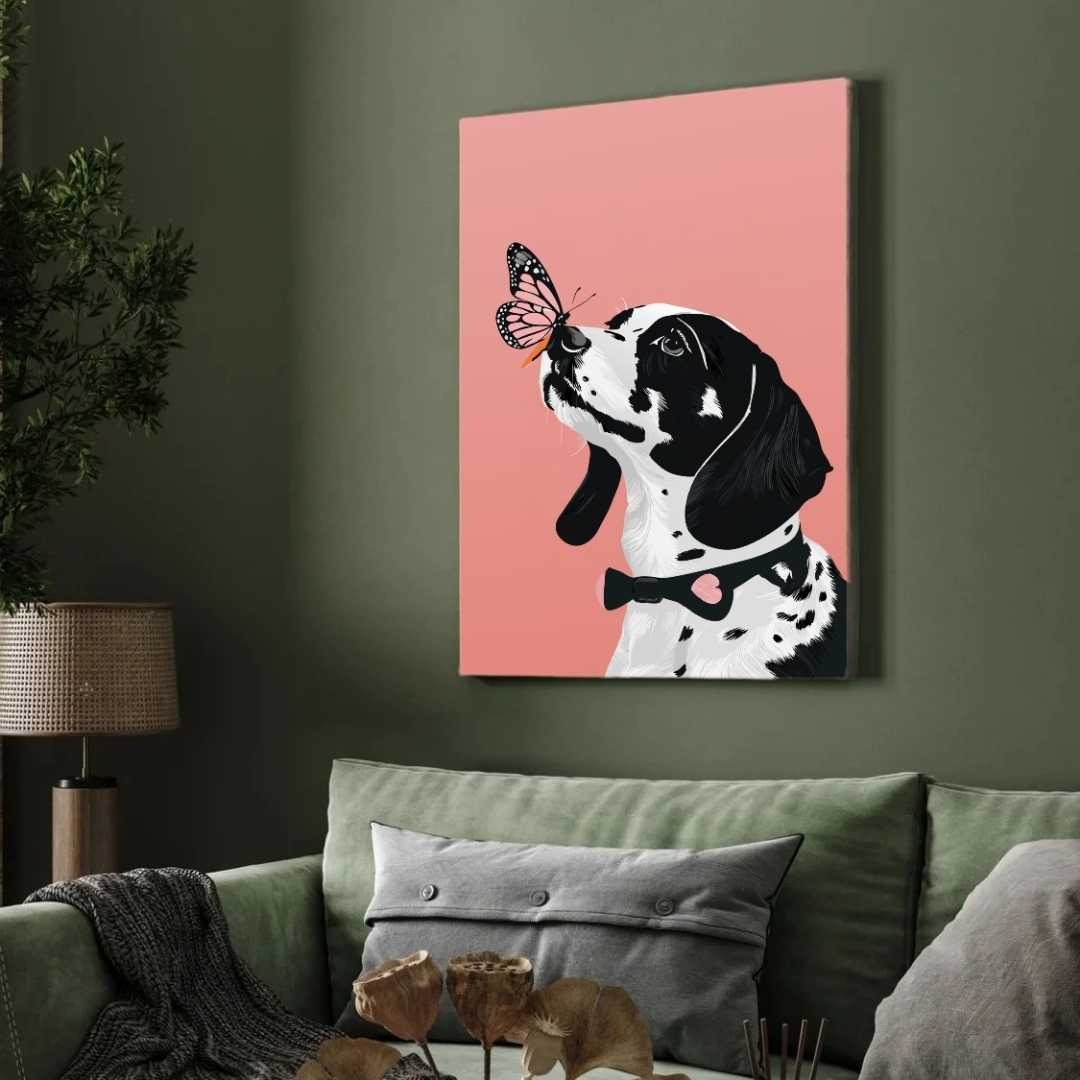 Whimsical Dog and Butterfly Wall Art | Pastel Pink Framed Print 2 : 3 Vertical Premium Wall Art Canvas by MeriDeewar
