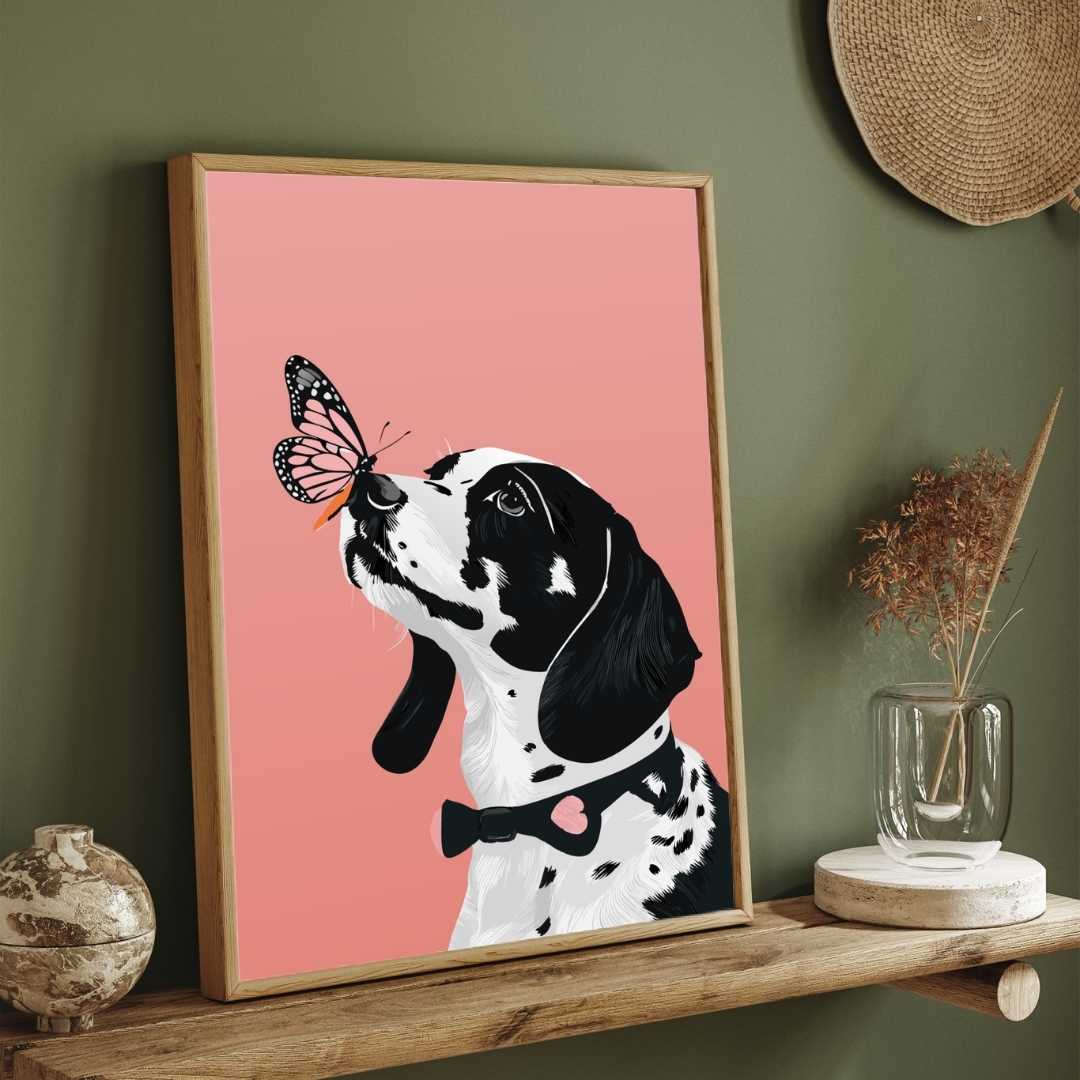 Whimsical Dog and Butterfly Wall Art | Pastel Pink Framed Print 2 : 3 Vertical Premium Wall Art Canvas by MeriDeewar