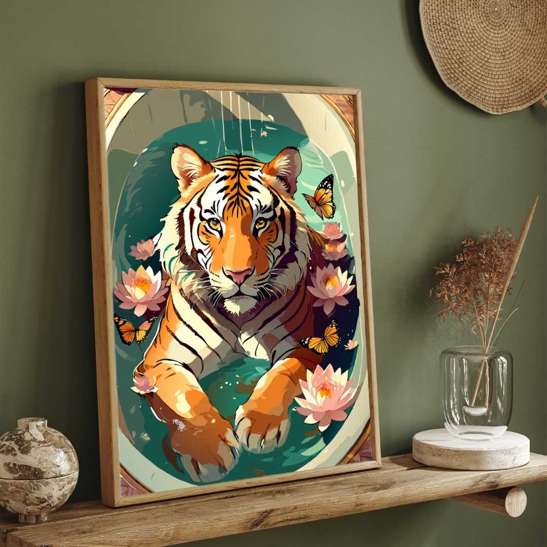 Whimsical Tiger in Bathtub Botanical Pop Art | Framed Print 2 : 3 Vertical Premium Wall Art Canvas by MeriDeewar