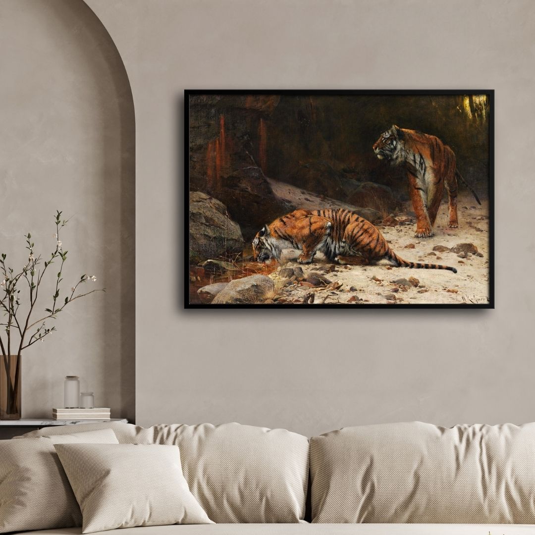 Whispers of the Jungle – The Tiger Pair 2 : 3 Horizontal Premium Wall Art Canvas by MeriDeewar