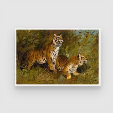 Whispers of the Wild – Tiger Duo in Grassland 2 : 3 Horizontal Premium Wall Art Canvas by MeriDeewar