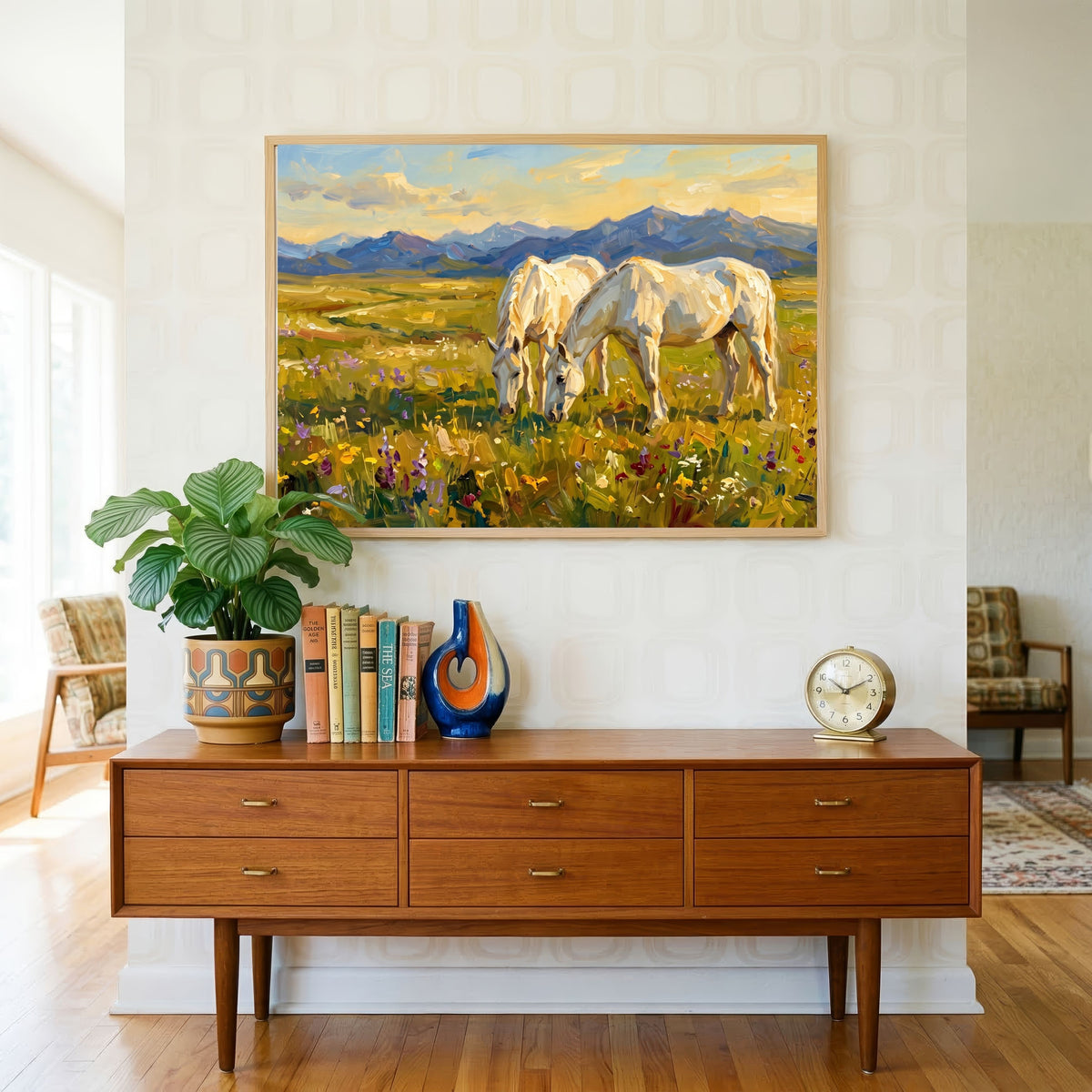 "White Horses Grazing in the Meadow" Giclée Print | Indian Wall Art Print 3 : 2 Horizontal Premium Wall Art Canvas by MeriDeewar