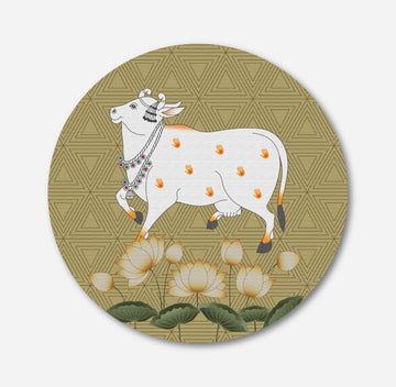 White Pichwai Cow Circular Canvas Frame Circular Canvas Frame Premium Wall Art Canvas by MeriDeewar
