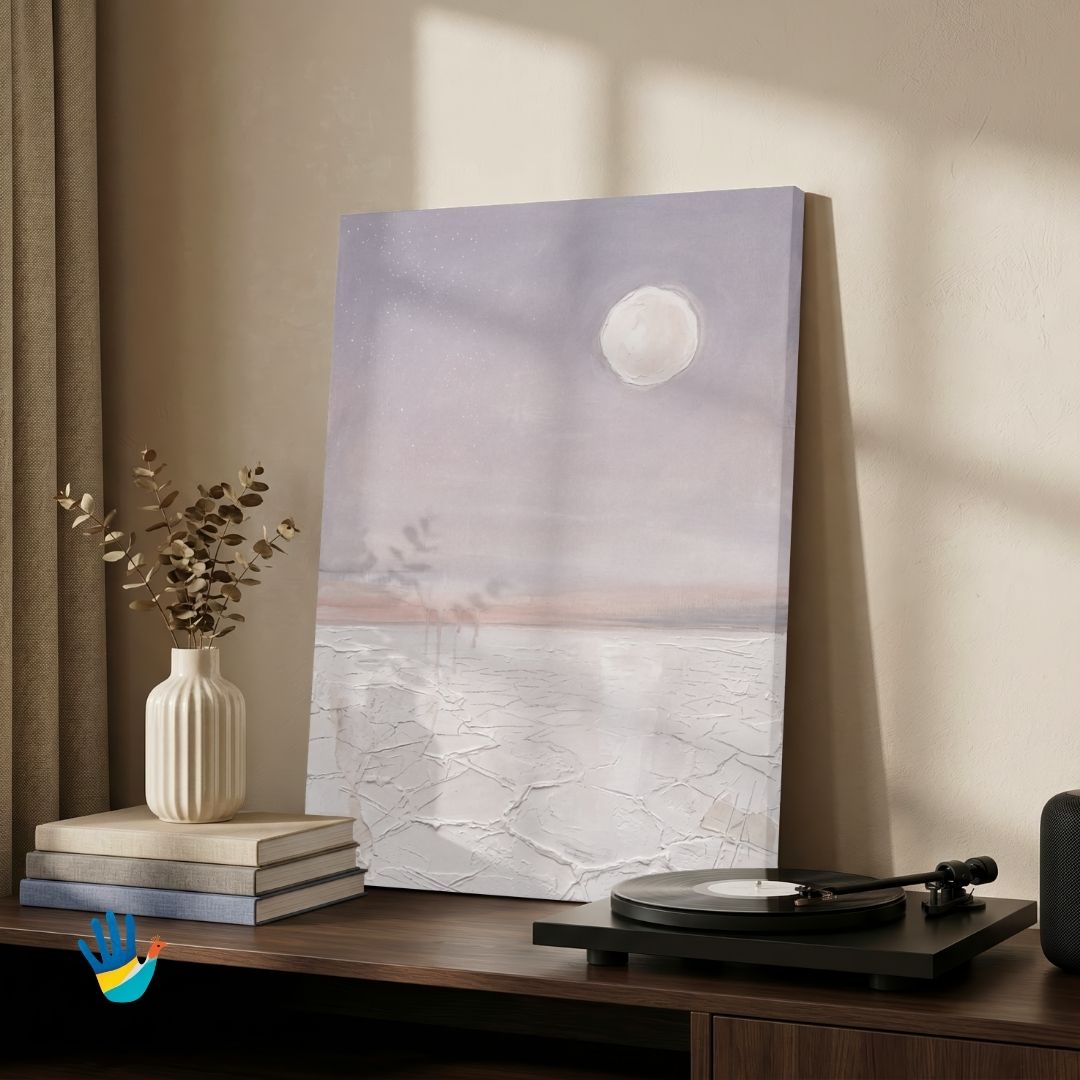 White Rann Full Moon | Minimal Kutch Desert Art 2 : 3 Vertical Premium Wall Art Canvas by MeriDeewar