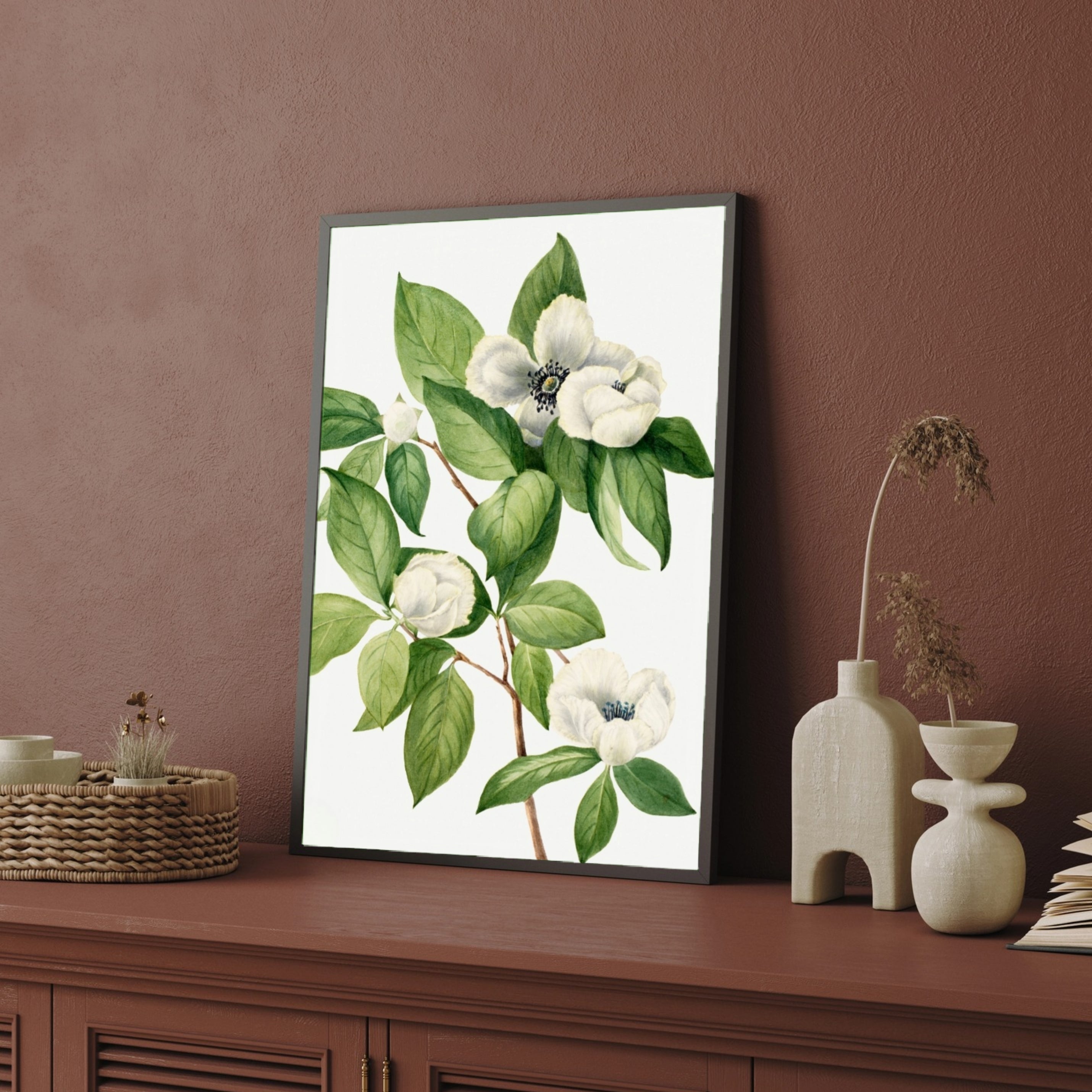 White Serenity – Elegant Botanical Flower Canvas Art 2 : 3 Vertical Premium Wall Art Canvas by MeriDeewar
