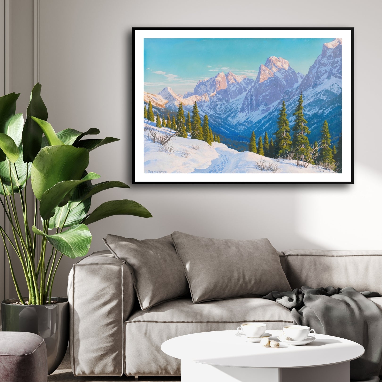 Winter Solitude – Snowy Trail Through Alpine Mountains Wall Art 2 : 3 Horizontal Premium Wall Art Canvas by MeriDeewar