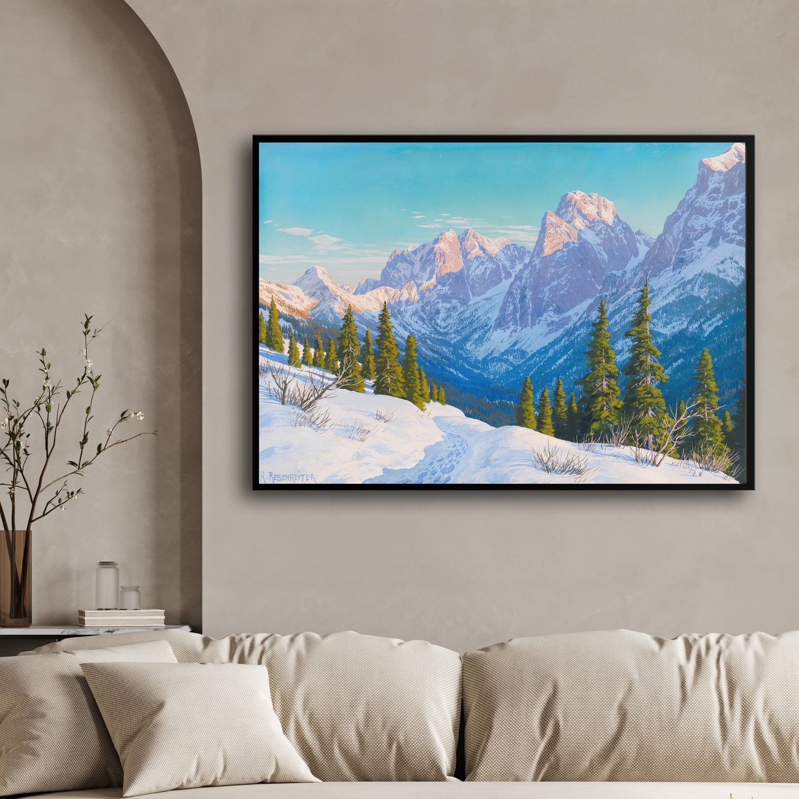 Winter Solitude – Snowy Trail Through Alpine Mountains Wall Art 2 : 3 Horizontal Premium Wall Art Canvas by MeriDeewar