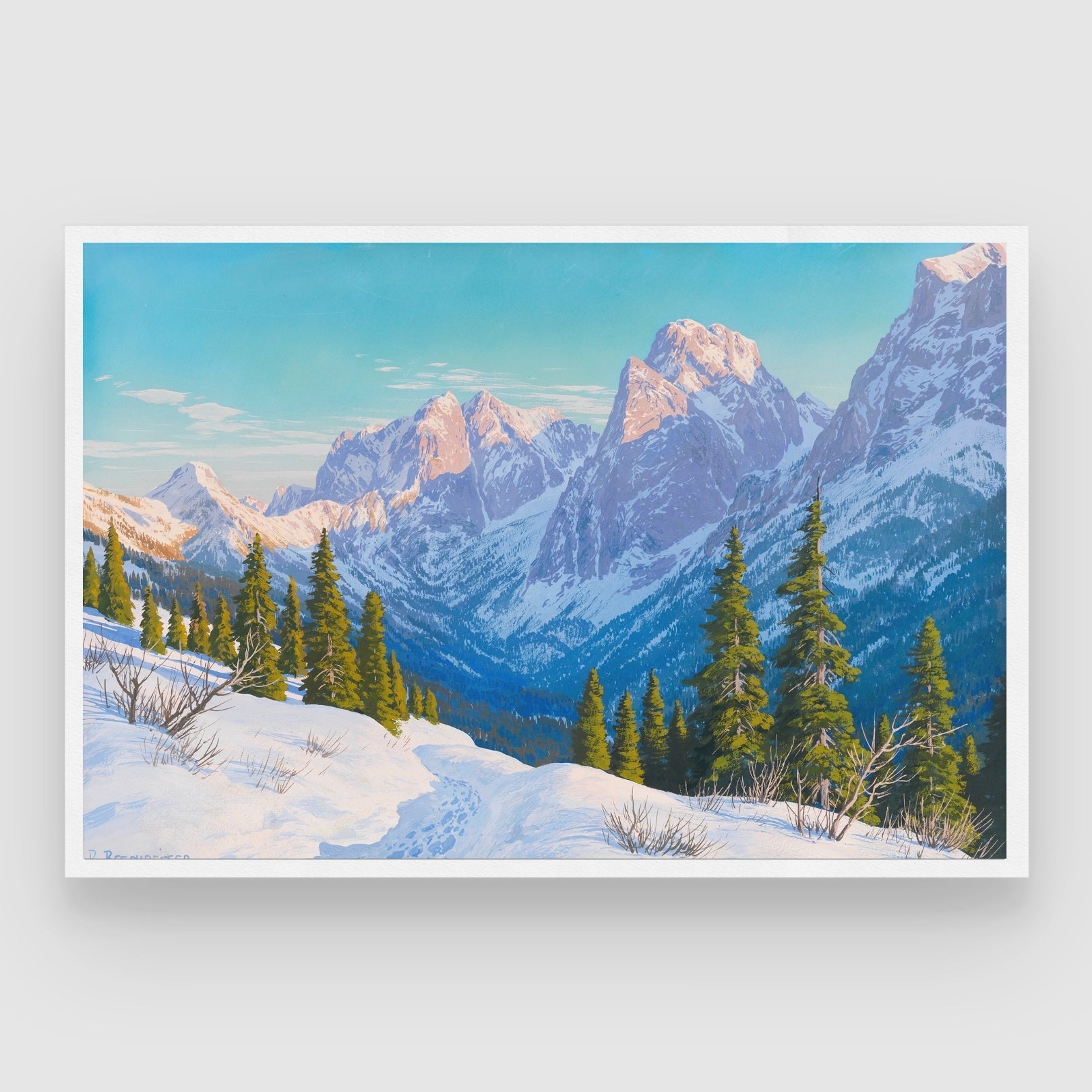 Winter Solitude – Snowy Trail Through Alpine Mountains Wall Art 2 : 3 Horizontal Premium Wall Art Canvas by MeriDeewar