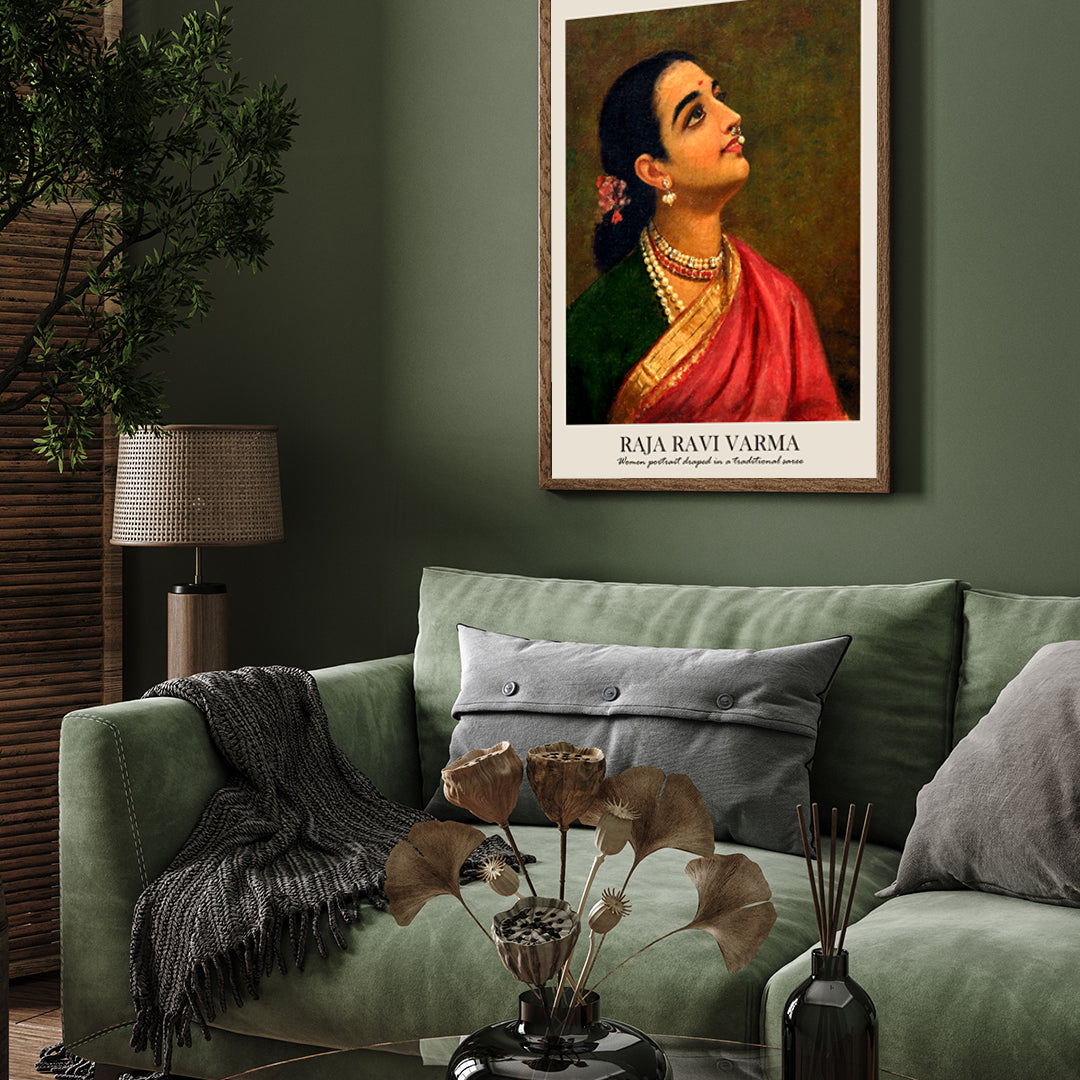 Women portrait draped in a traditional saree Painting by raja ravi varma 3 : 4 Vertical New Premium Wall Art Canvas by MeriDeewar