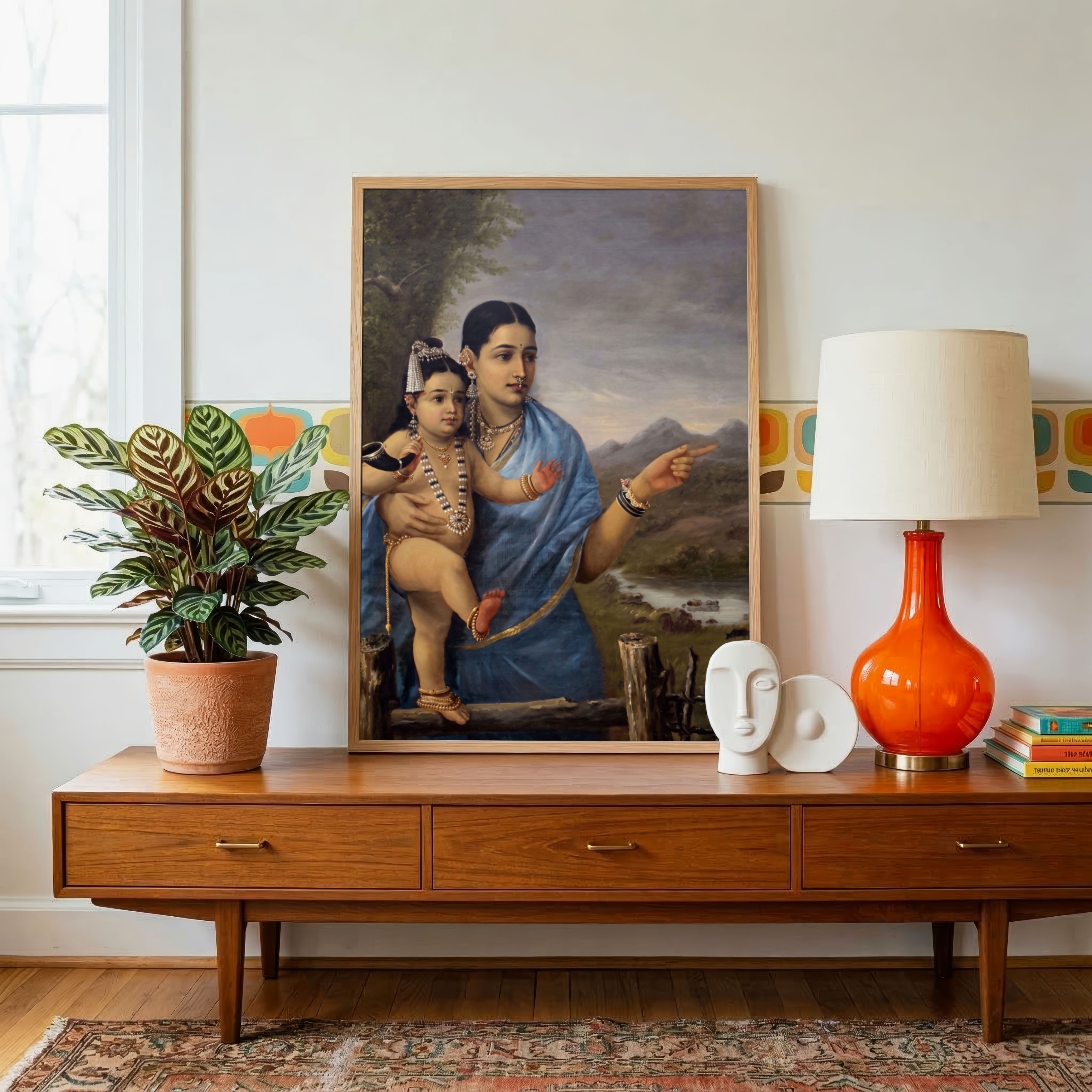 "Yashoda and Krishna in Blue" Raja Ravi Varma | Indian Classical Wall Art Print 3 : 4 Vertical Premium Wall Art Canvas by MeriDeewar