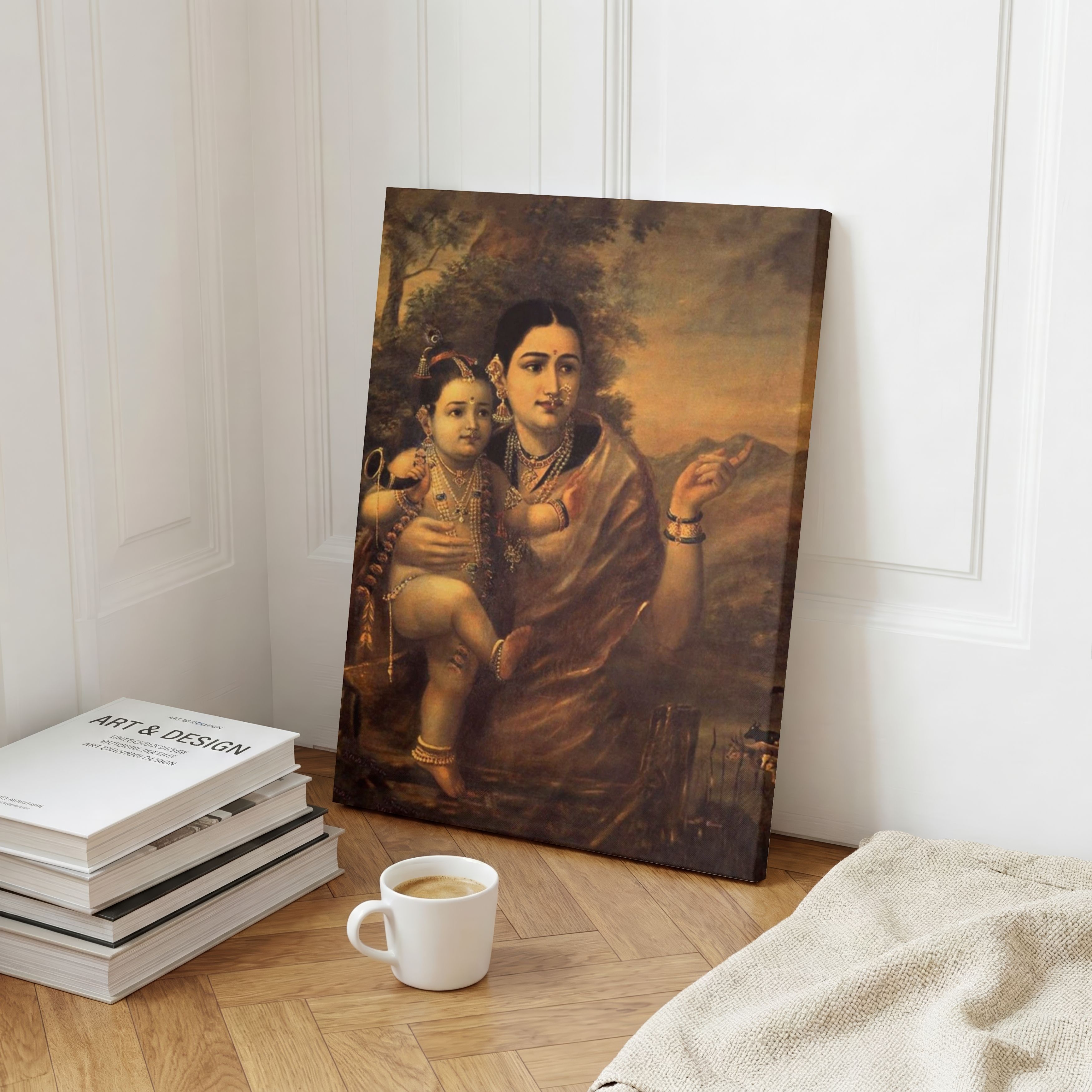 "Yashoda and Krishna" Raja Ravi Varma Fine Art | Indian Classical Wall Art Print 3 : 4 Vertical Premium Wall Art Canvas by MeriDeewar