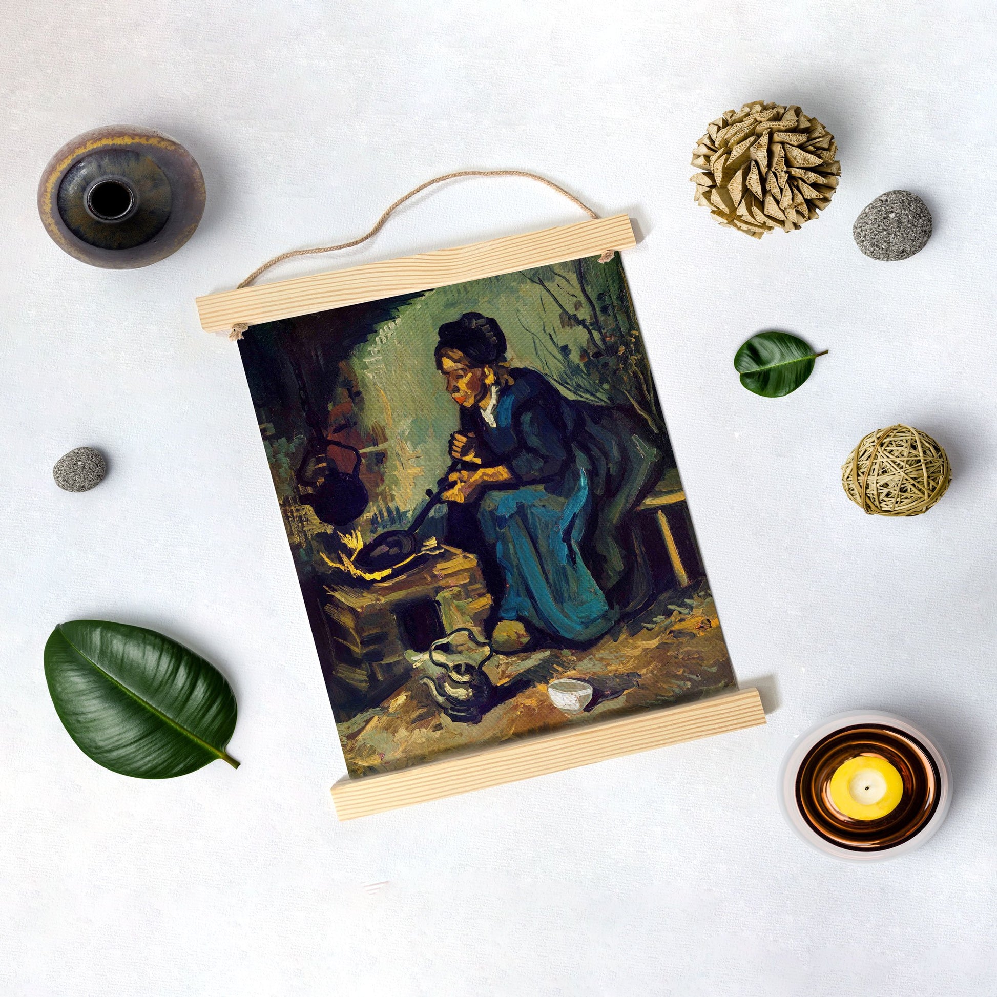 Peasant Woman Cooking By A Fireplace By Van Gogh Hanging Canvas Painting - Meri Deewar - MeriDeewar