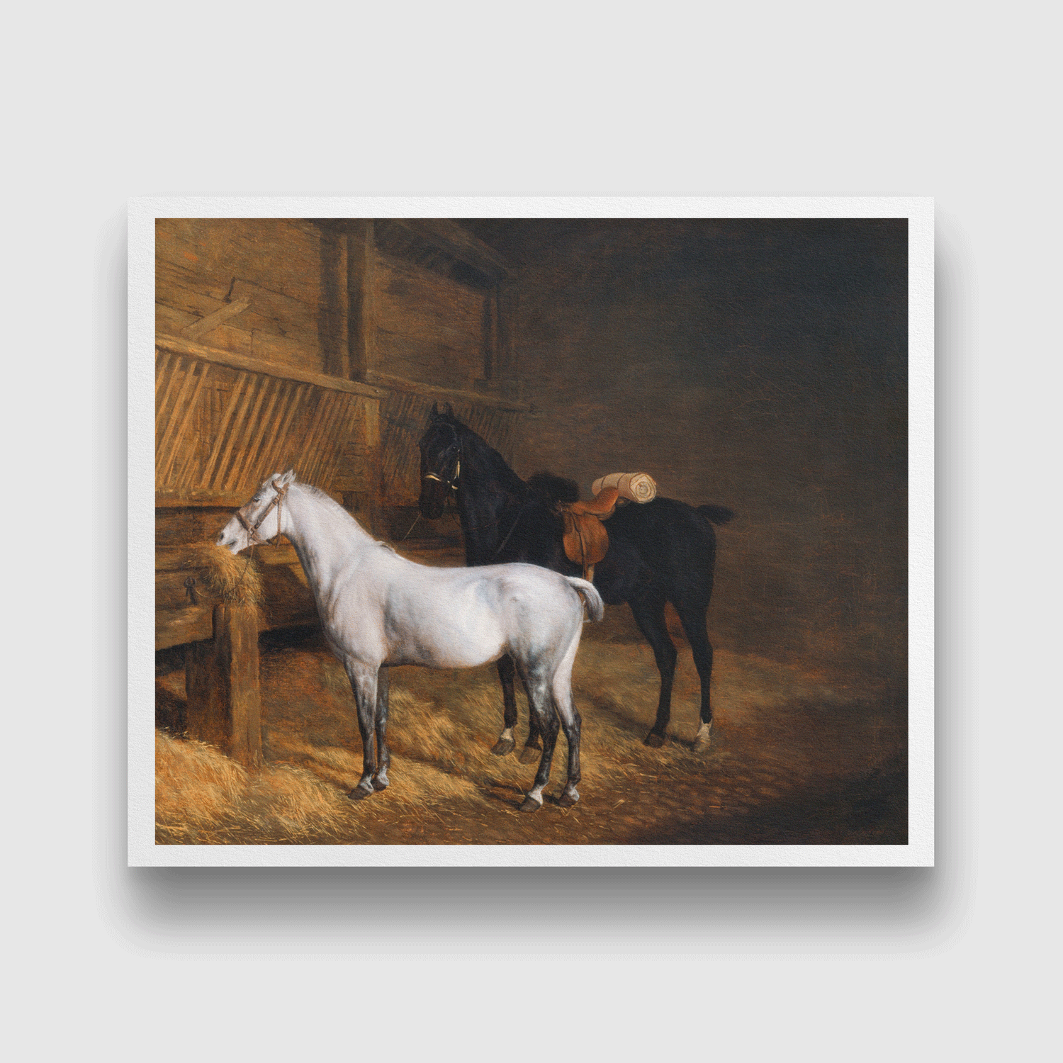 A Grey Pony and a Black Charger in a Stable Painting