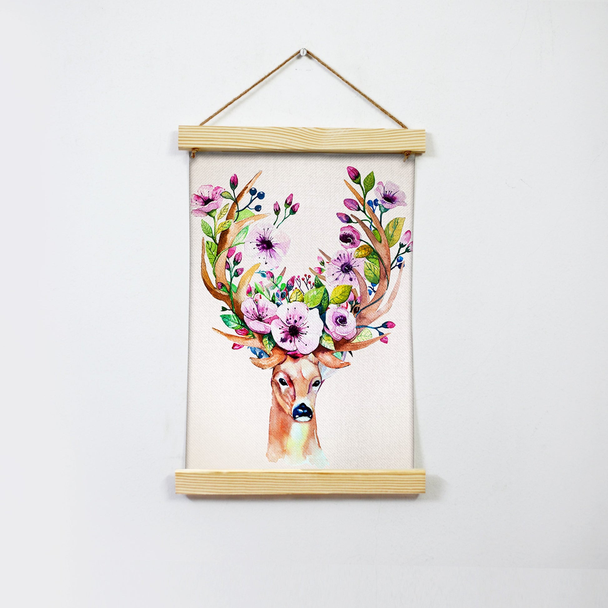 Deer With Flowers Hanging Canvas Painting - Meri Deewar - MeriDeewar