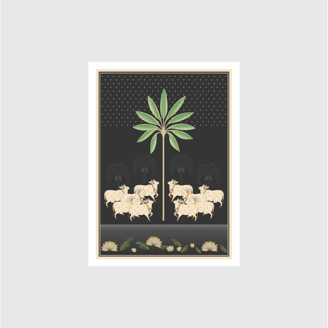 A Beautiful Indian Cow Pichwai Rajasthani Art Painting - Meri Deewar 3 : 4.2 Vertical Premium Wall Art Canvas by MeriDeewar