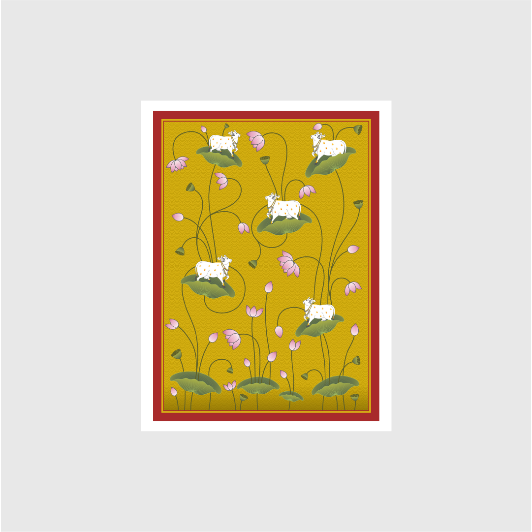 A Beautiful Indian Pichwai Cow and Lotus - Meri Deewar 3 : 4.2 Vertical Premium Wall Art Canvas by MeriDeewar