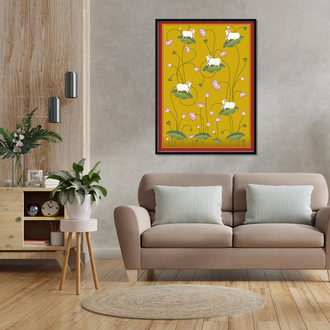 A Beautiful Indian Pichwai Cow and Lotus - Meri Deewar 3 : 4.2 Vertical Premium Wall Art Canvas by MeriDeewar