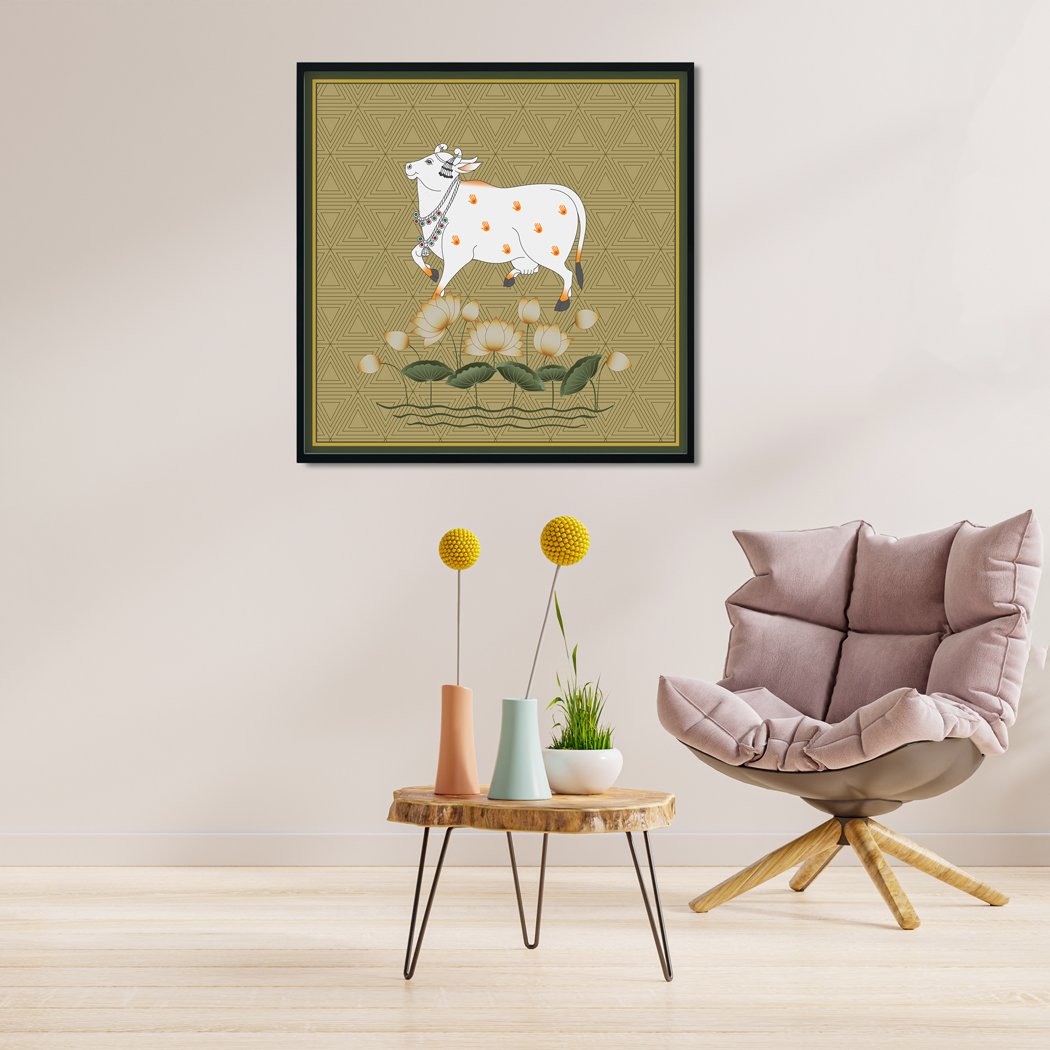 A Beautiful Indian White Cow Painting - Meri Deewar 1 : 1 Square Premium Wall Art Canvas by MeriDeewar