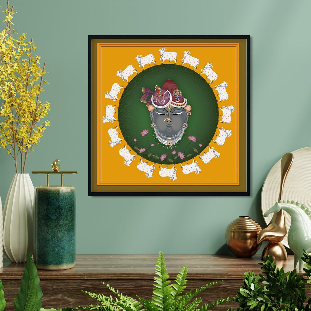 A Beautiful Lord Shreenathji Pichwai Painting with White Cow and Lotus - Meri Deewar 1 : 1 Square Premium Wall Art Canvas by MeriDeewar