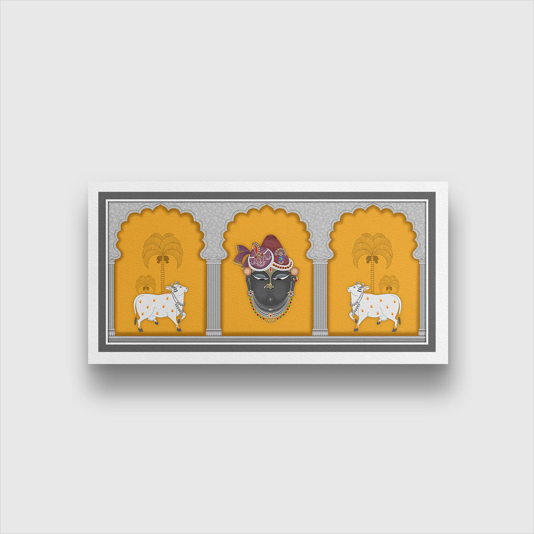 A Beautiful Shreenathji Pichwai Artwork with White Cow for Temple Room Painting 2 : 1 Horizontal Premium Wall Art Canvas by MeriDeewar