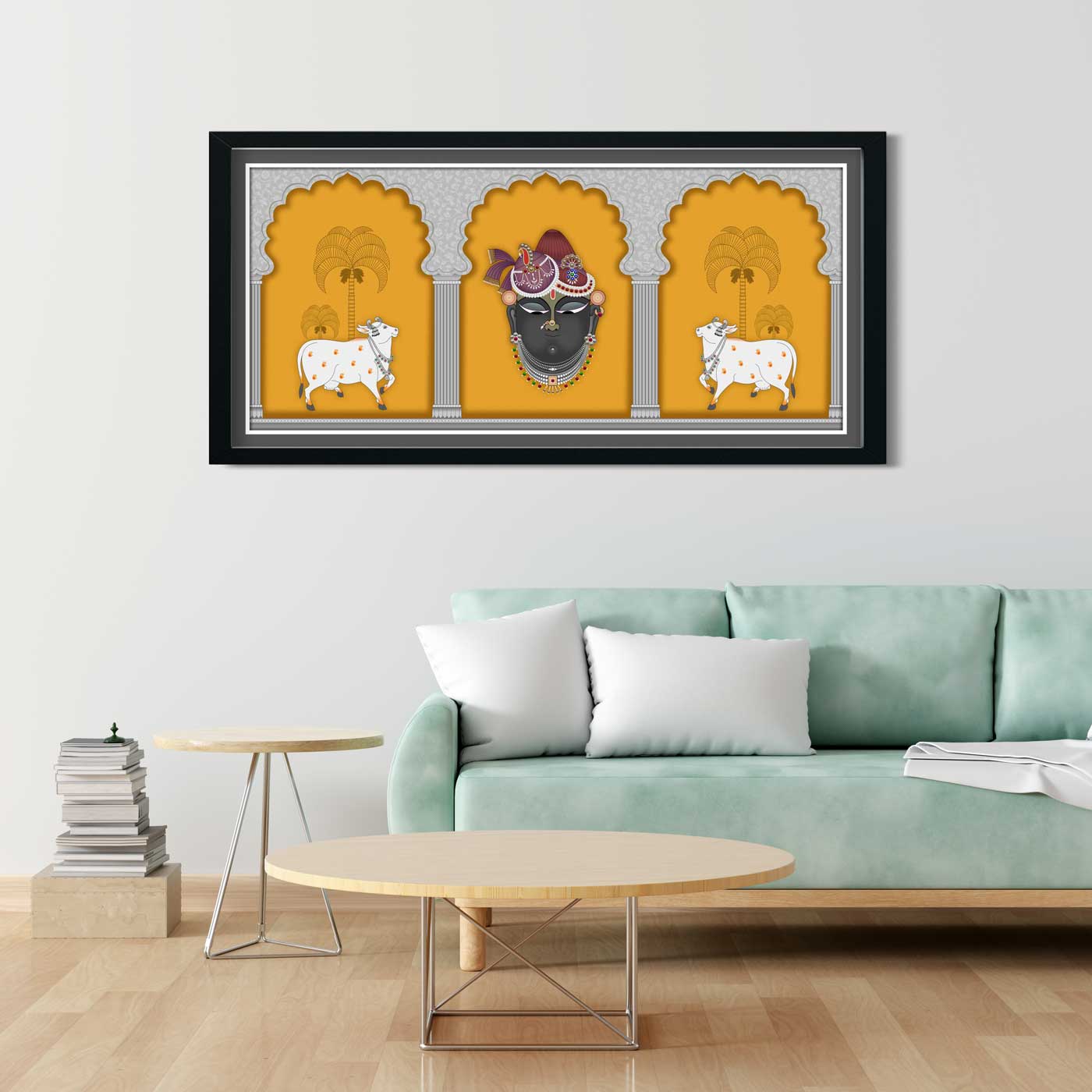 A Beautiful Shreenathji Pichwai Artwork with White Cow for Temple Room Painting 2 : 1 Horizontal Premium Wall Art Canvas by MeriDeewar